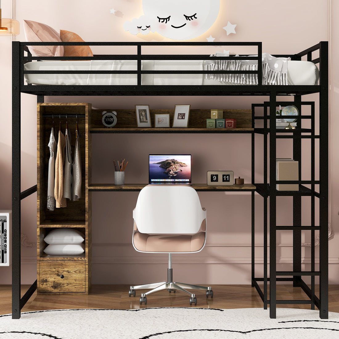 Full Size Metal Loft Bed With Built In Wardrobe, Drawer, Desk And Shelves, Black Expected Arrival Time: 9.7 Box Spring Not Required Full Black Metal Wood Metal