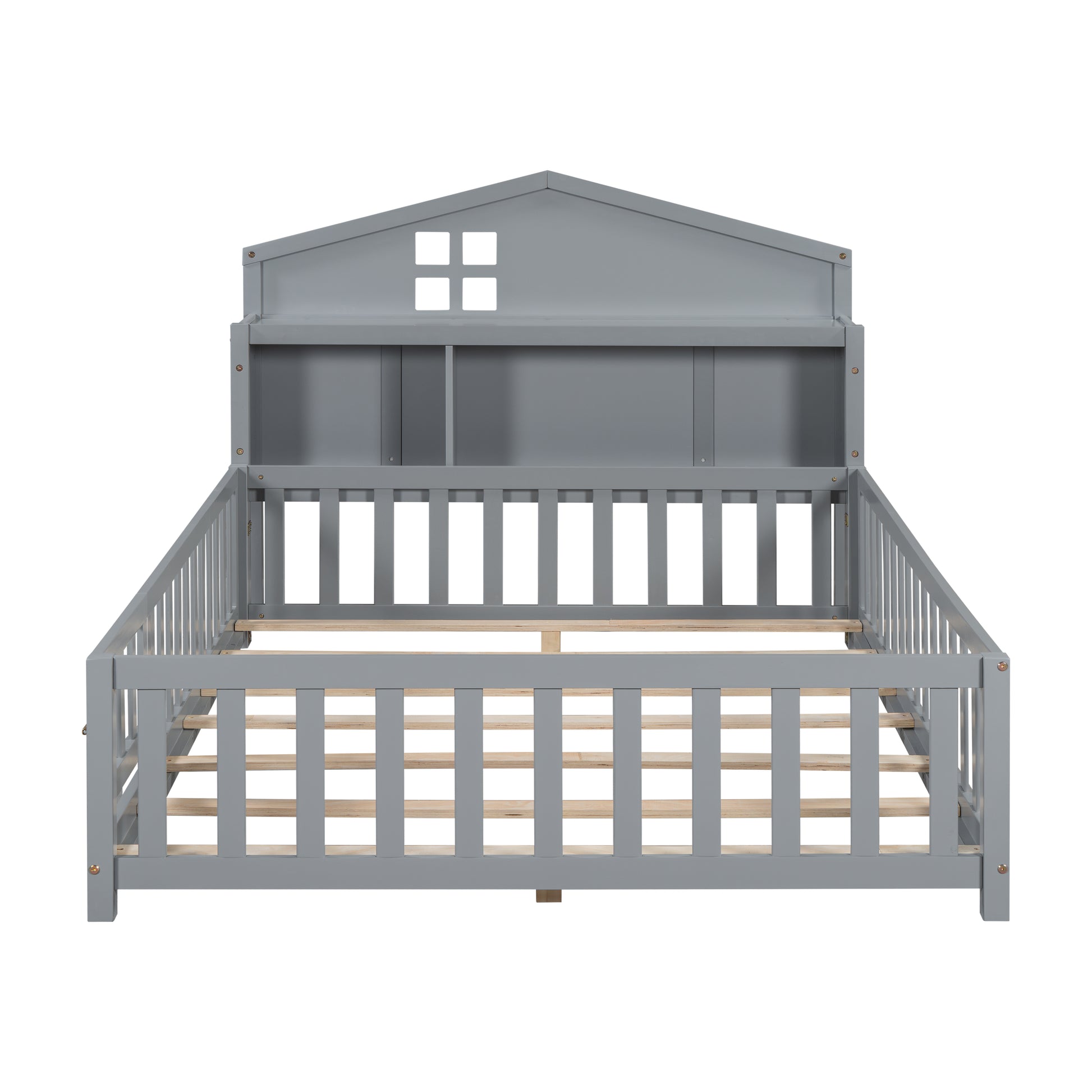 Full Size Floor Beds With Bookcases And Blackboards, Versatile Platform Beds With Guard Rails, Solid Wood Floor Beds With Storage Headboards, Floor Beds For Kids And Teens Grey Full Grey Plywood