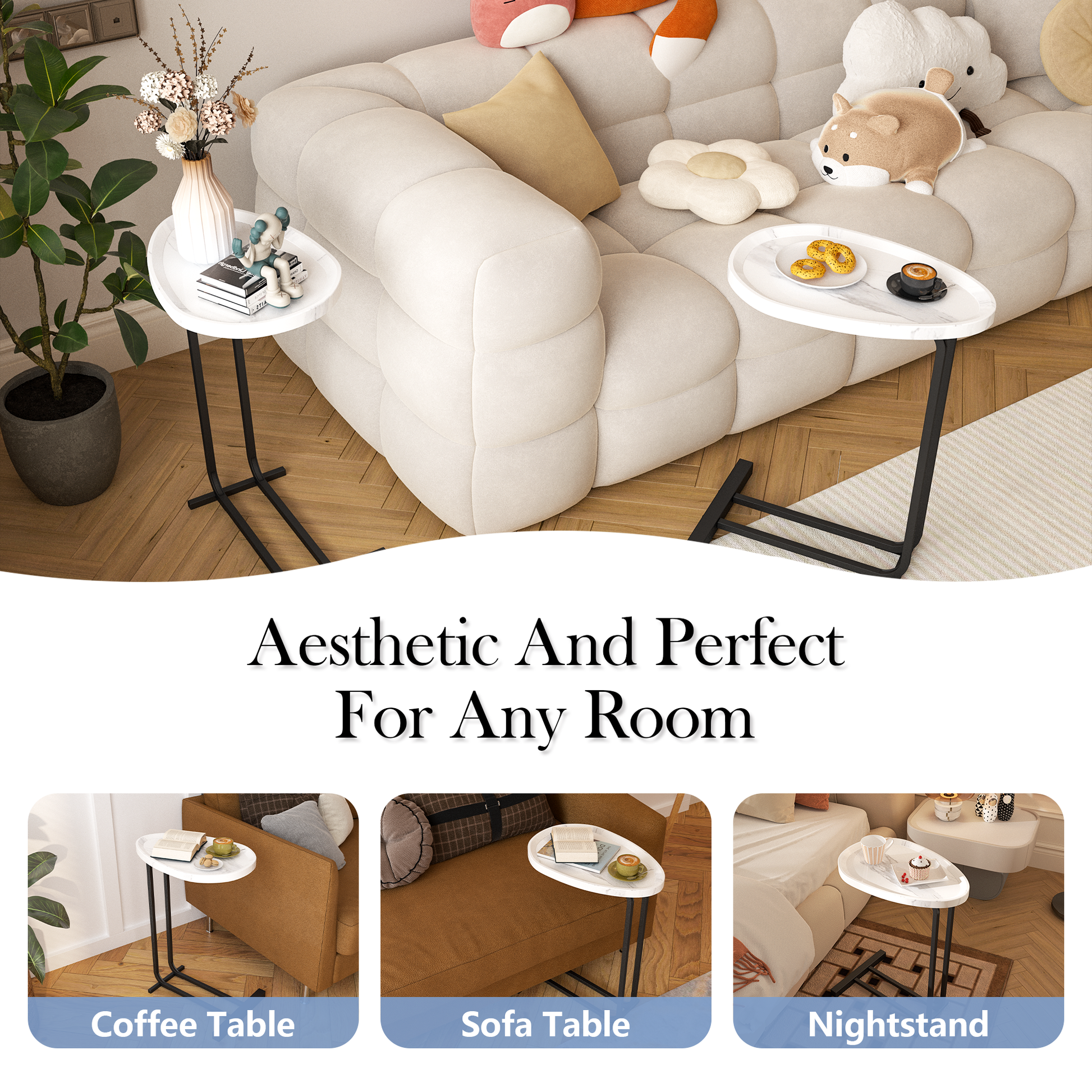 C Shaped Side Table, C Table End Table For Sofa And Bedside, Couch Side Tables, Wood C Shaped End Table With Metal Frame Slide For Bedroom Living Room White White Mdf Metal