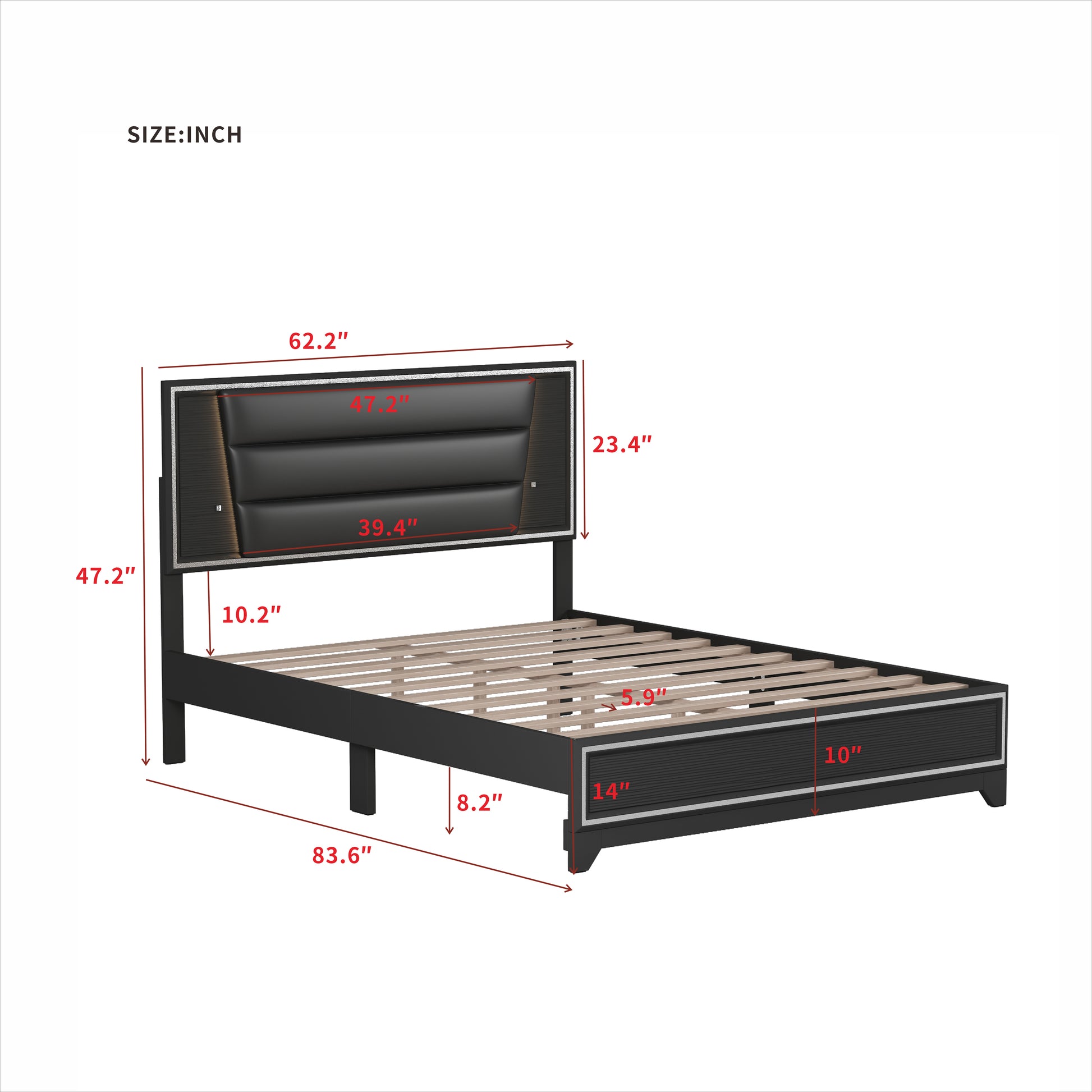 Queen Size Pu Upholstered Bed, Headboard With Led Light Strips And Sparkling Shiny Decoration, No Box Spring Required, Black Queen Black Pu