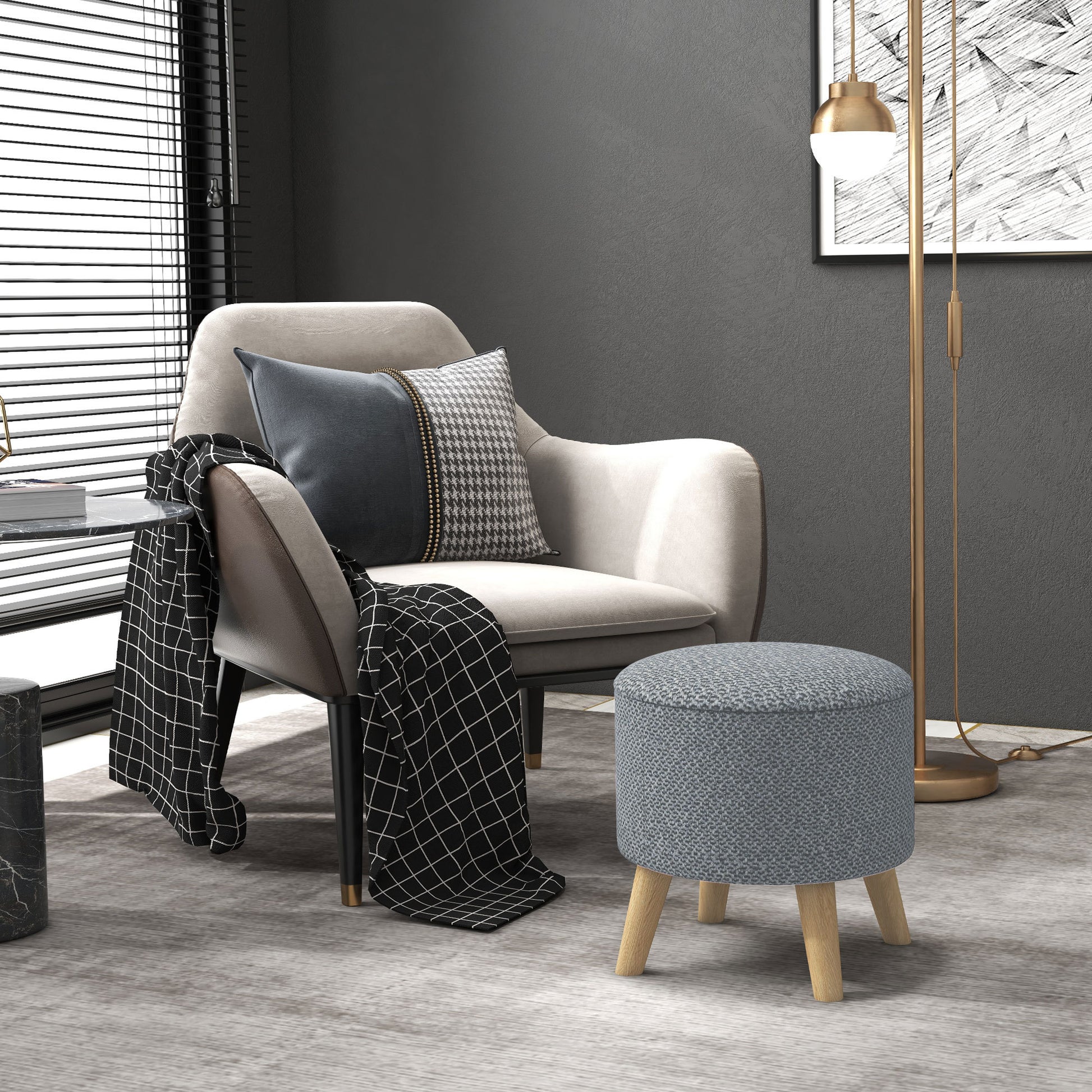 Homcom Storage Ottoman, Round Stool Chair With Cushioned Top, Gray Gray Polyester