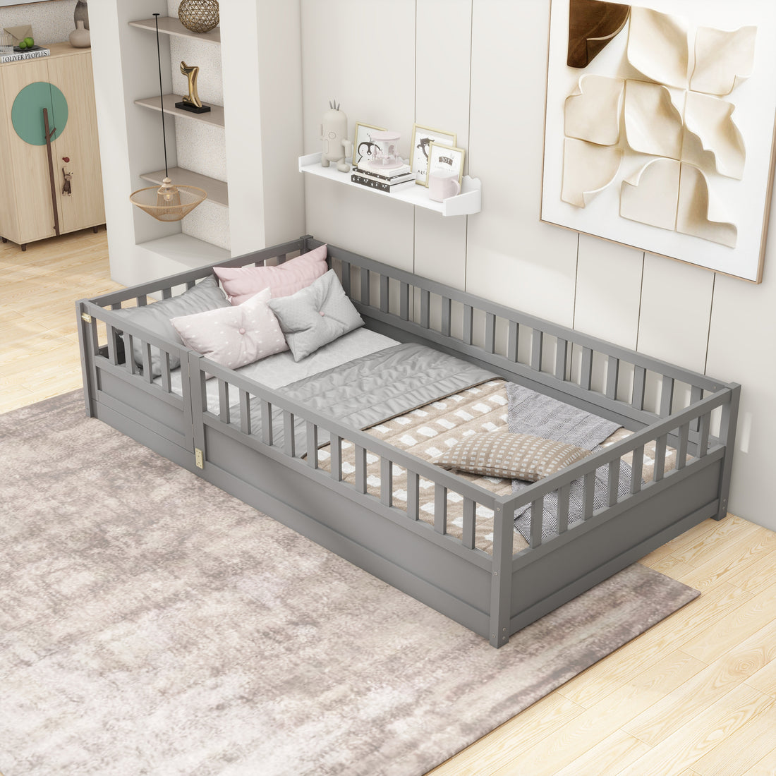 Twin Size Floor Bed, Integral Construction With Super High Security Barrier, Door, Children'S Floor Bed Frame, Montessori Wooden Children'S Floor Bed, Support Slat Grey Box Spring Required Twin Grey Wood Brown Bedroom American Design,Artsy Pine Bed Frame