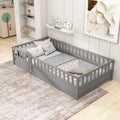 Twin Size Floor Bed, Integral Construction With Super High Security Barrier, Door, Children'S Floor Bed Frame, Montessori Wooden Children'S Floor Bed, Support Slat Grey Box Spring Required Twin Grey Wood Brown Bedroom American Design,Artsy Pine Bed Frame