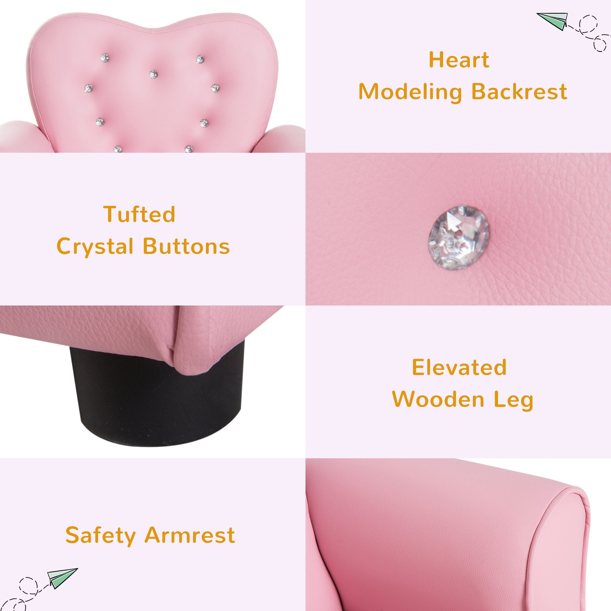 Qaba Kids Sofa Toddler Tufted Upholstered Sofa Chair Princess Couch Furniture With Diamond Decoration For Preschool Child, Pink Pink Polyvinyl Chloride