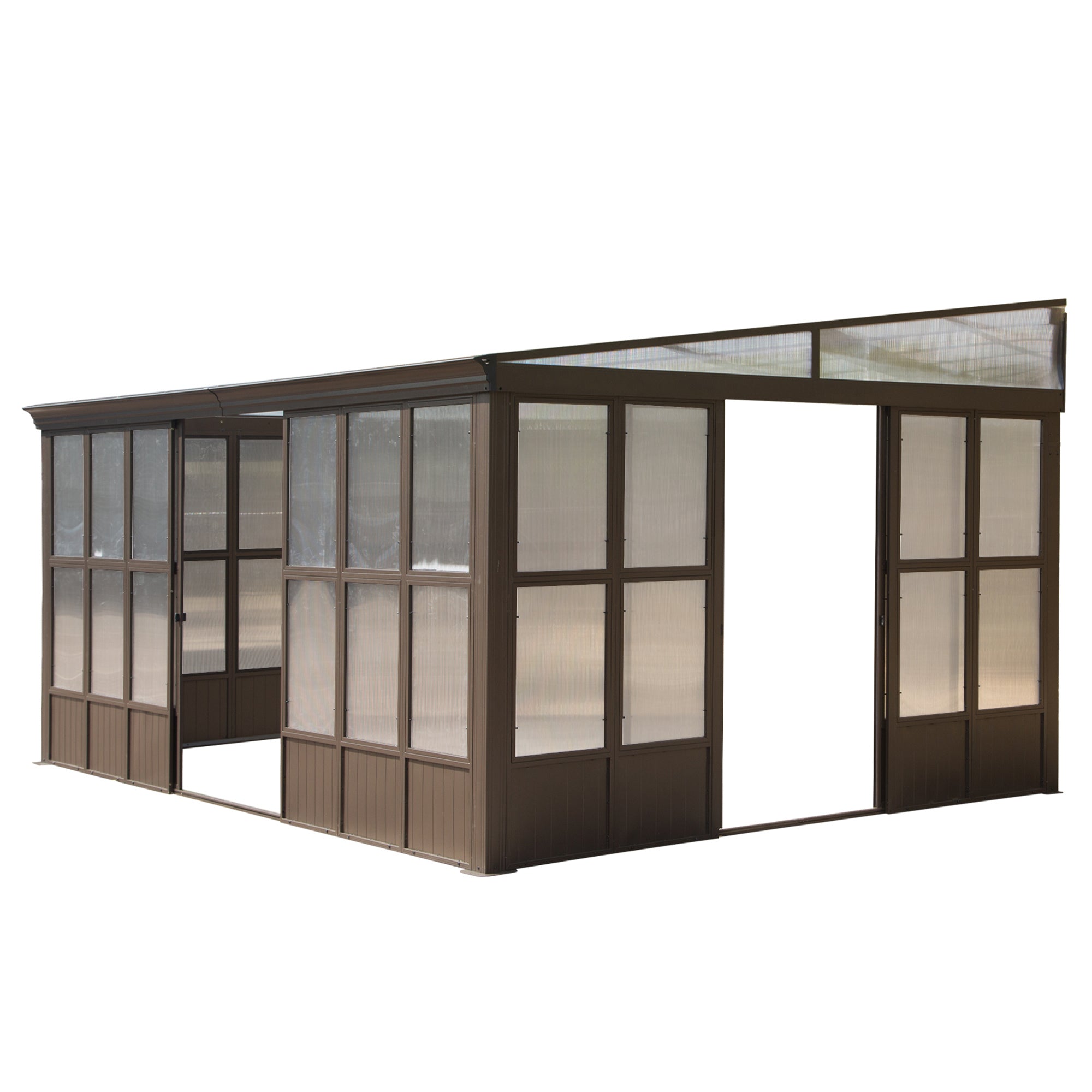 12X16Ft All Season Sunroom, Outdoor Permanent Wall Mounted Solarium With Detachable Polycarbonate Windows, Aluminum Lean To Gazebo Sun Room With 2 Lockable Sliding Doors For Garden Patio Deck Dark