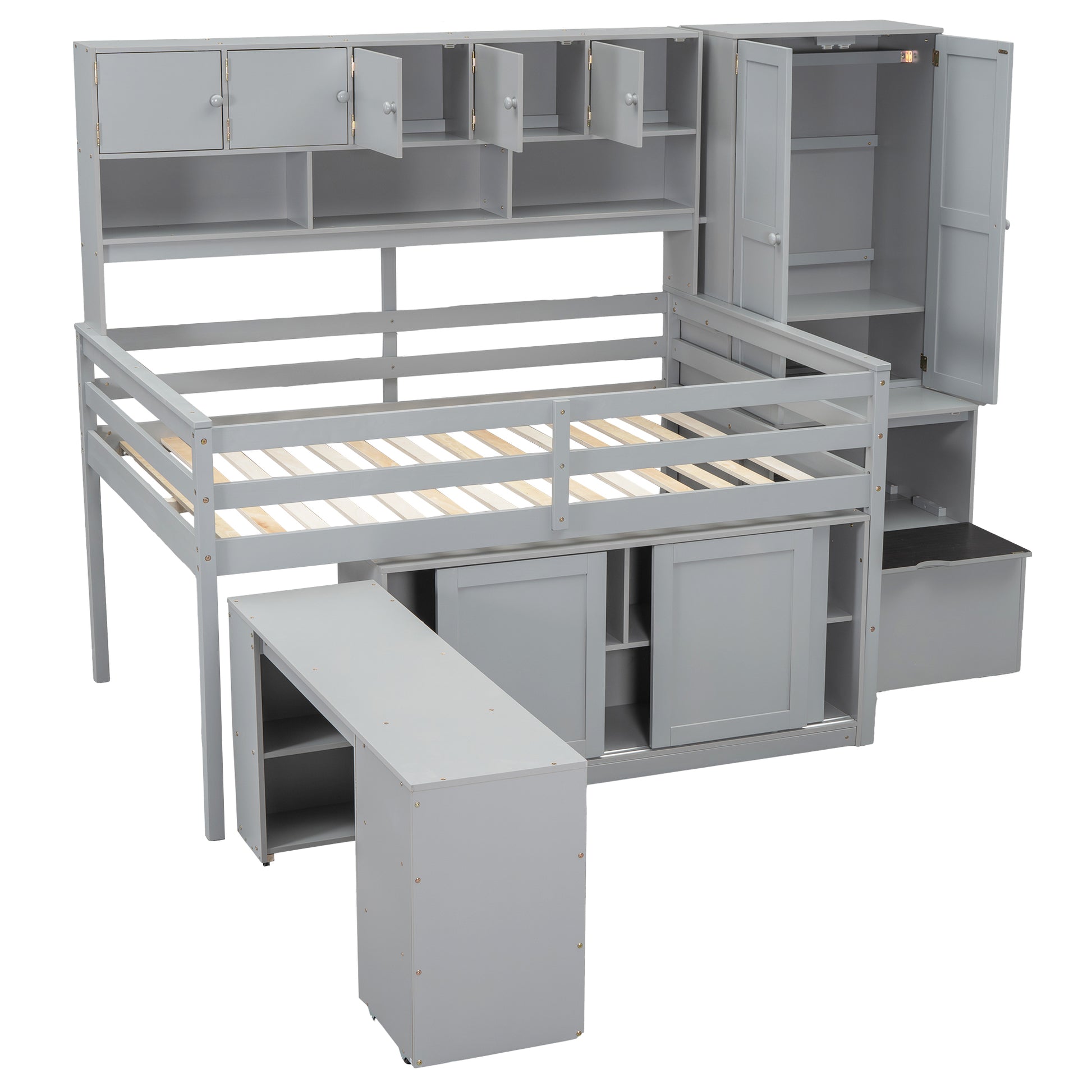 Full Size Wooden Loft Bed Big Storage With Under Bed Desk, With Drawers, With Shelves, Gray Full Gray Plywood