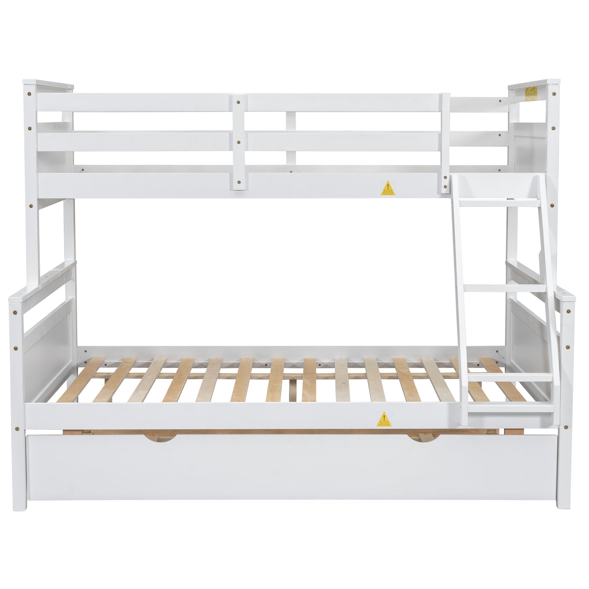 Twin Over Full Bunk Bed With Ladder, Twin Size Trundle, Safety Guardrail, White Box Spring Not Required Twin White Wood Bedroom Bunk Pine