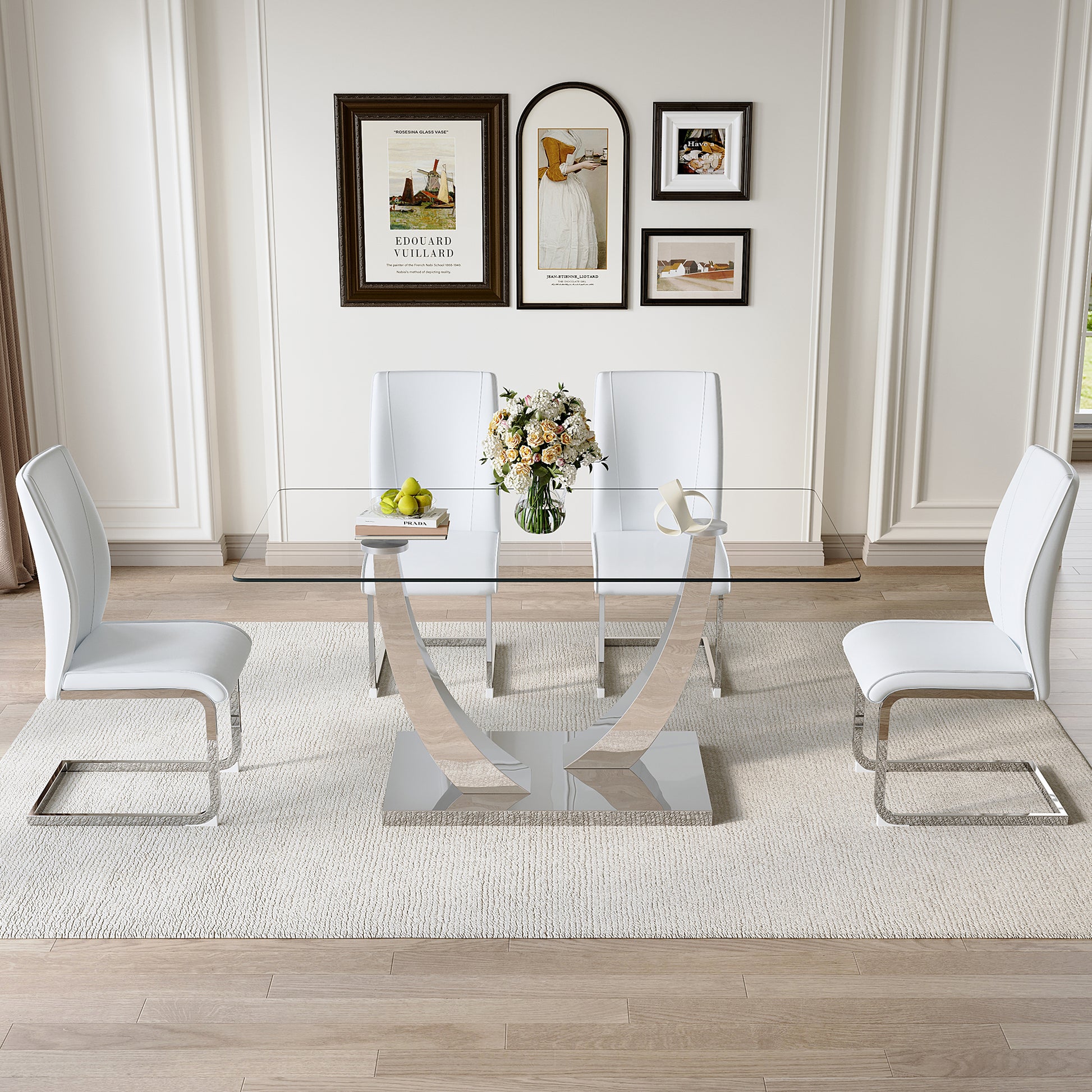 Table And Chair Set.Modern Dining Table,Tempered Glass Tabletop And Silver Colored Leg.Paired With 4 Soft And Comfortable White Pu Chair, Perfect For Dinner, Meetings, Home And Office Decor. White