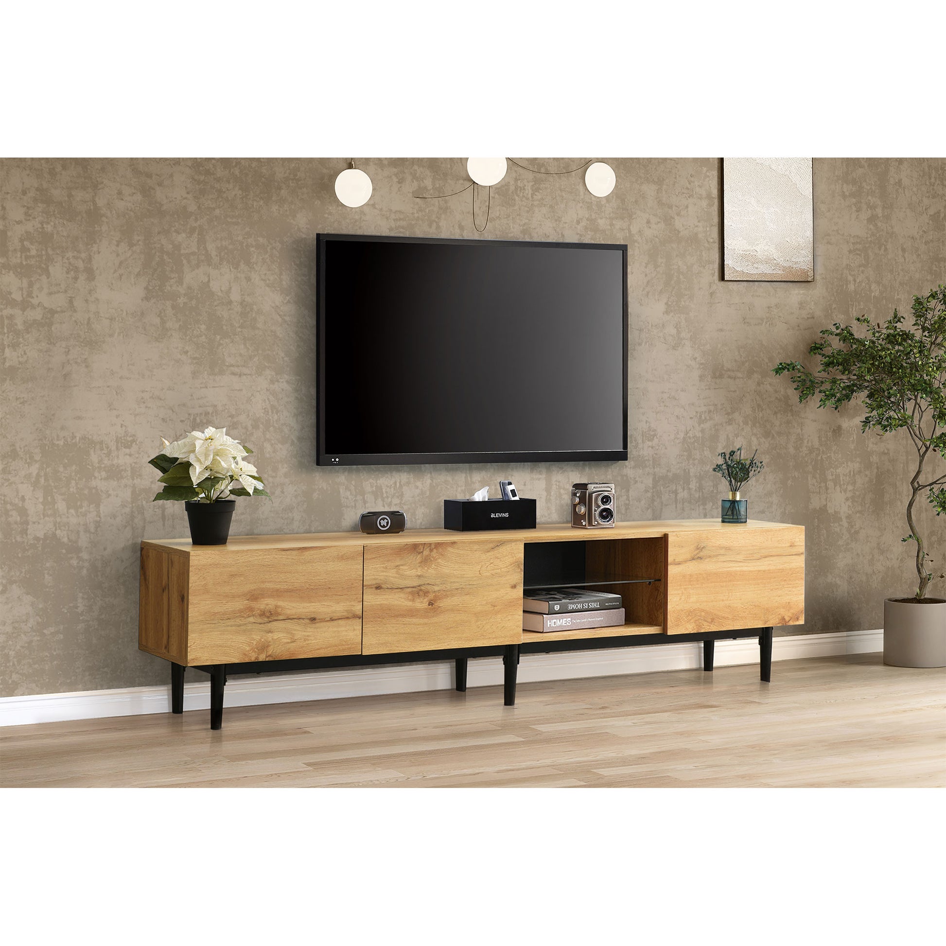 Modern Tv Stand With 4 Cabinets& Open Shelves, Color Matching Media Console Table For Tvs Up To 80'' With Led Light, Entertainment Center With Drop Down Door For Living Room, Bedroom, Home Theatre Wood Brown Primary Living Space 70 79 Inches 70 79 Inches