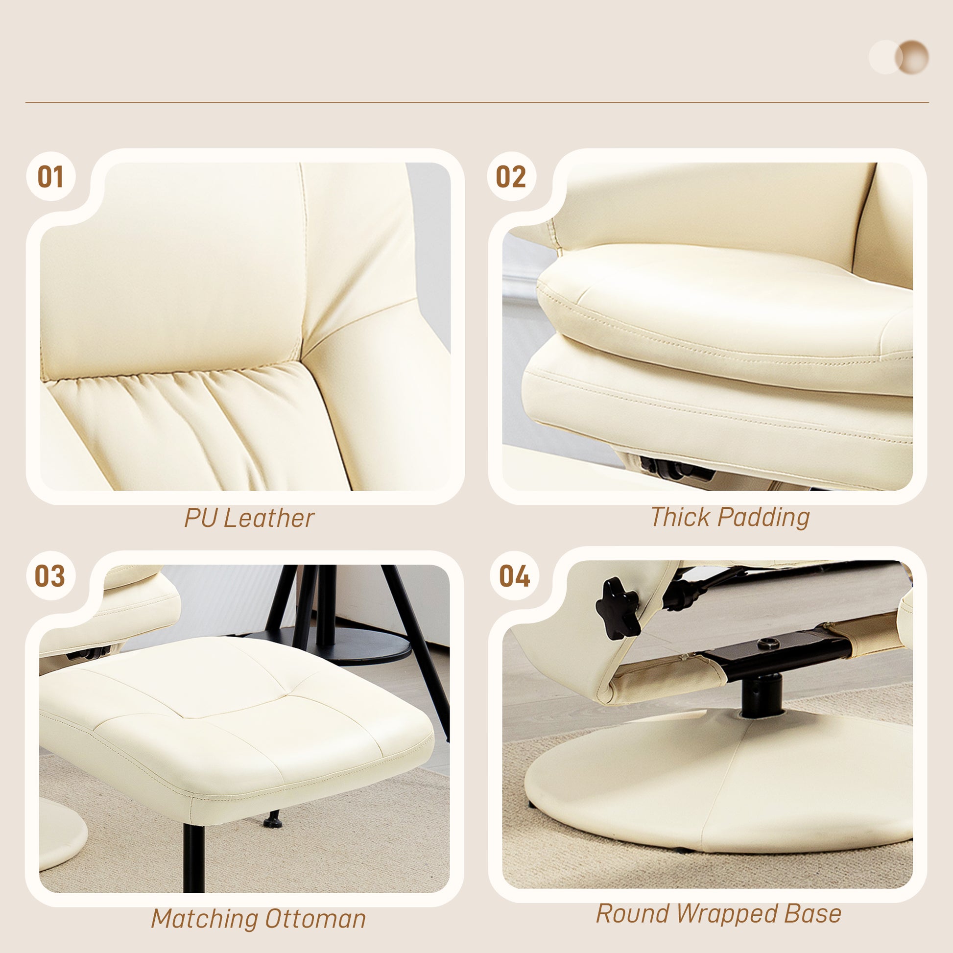 Homcom Swivel Recliner With Ottoman, Pu Leather Reclining Chair With Ottoman, Upholstered Recliner And Footrest With Wrapped Base For Living Room, Bedroom And Home Office, Cream White Cream White Faux Leather