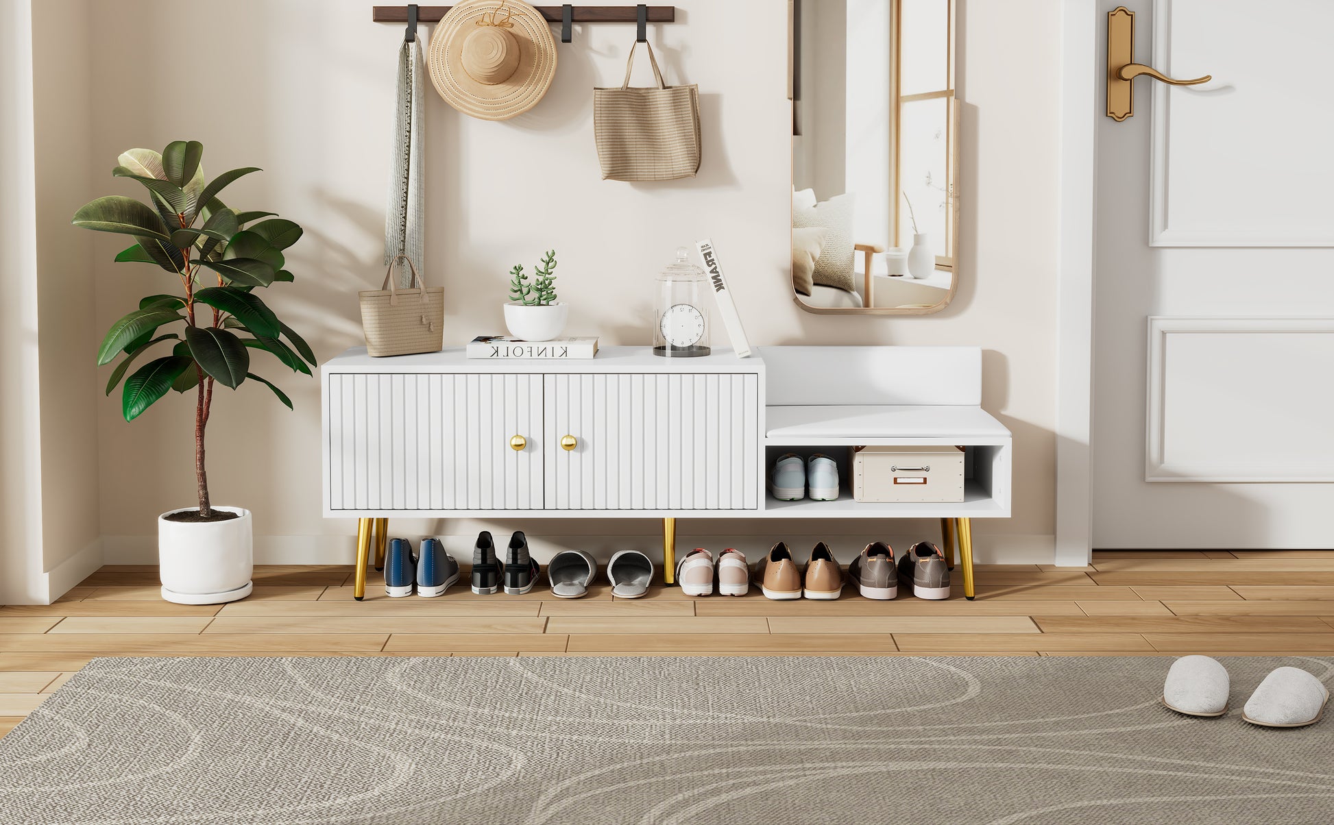 Modern Shoe Storage Bench With Hidden Storage And Upholstered Cushions For Bedside, Living Room And Entryway White White Mdf Metal