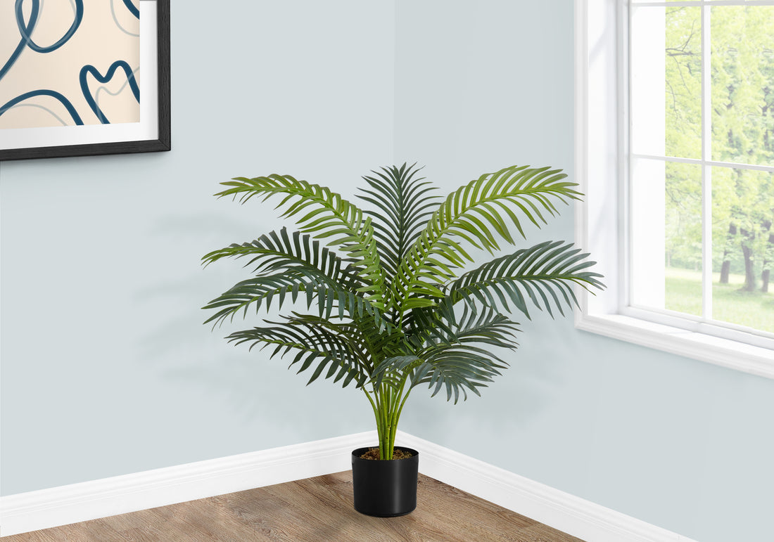 Artificial Plant, 34" Tall, Palm Tree, Indoor, Faux, Fake, Floor, Greenery, Potted, Real Touch, Decorative, Green Leaves, Black Pot Green Plastic