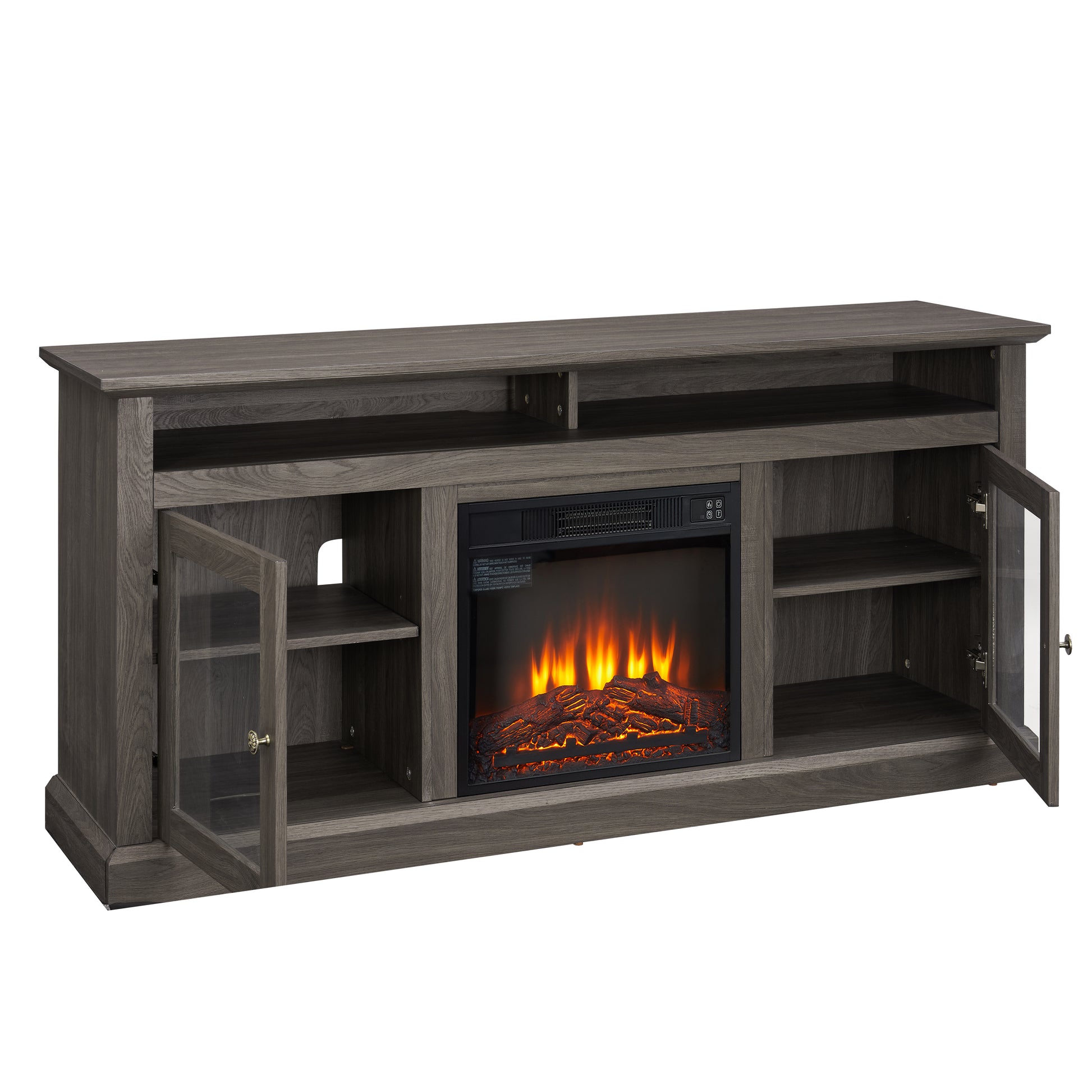 Modern Tv Media Stand Modern Entertainment Console With 18" Fireplace Insert For Tv Up To 65" With Open And Closed Storage Space, Dark Walnut Black, 60"W*15.75"D*29"H Black Dark Walnut 60 69 Inches Mdf