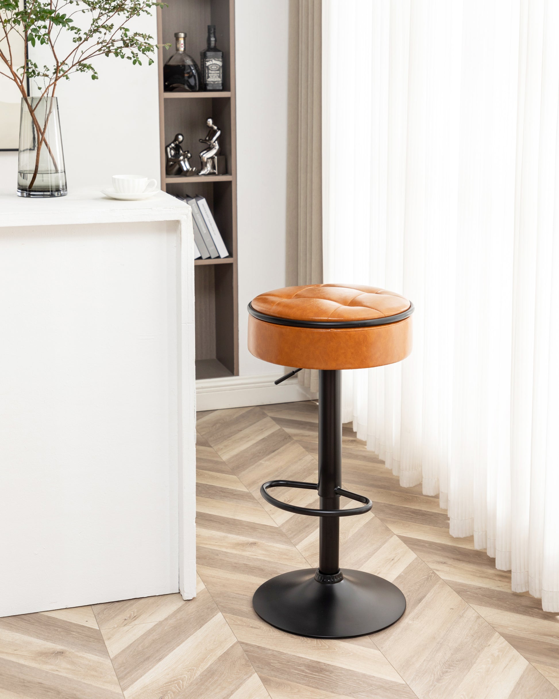 Round Storage Bar Stool Set Of 2, Brown Faux Leather Height Adjustable Barstool, 360 Counter Height Swivel Stool, Armless Bar Chair With Metal Frame For Kitchen Counter Dining Living Room Brown Set Of 2 Foam Pu Leather