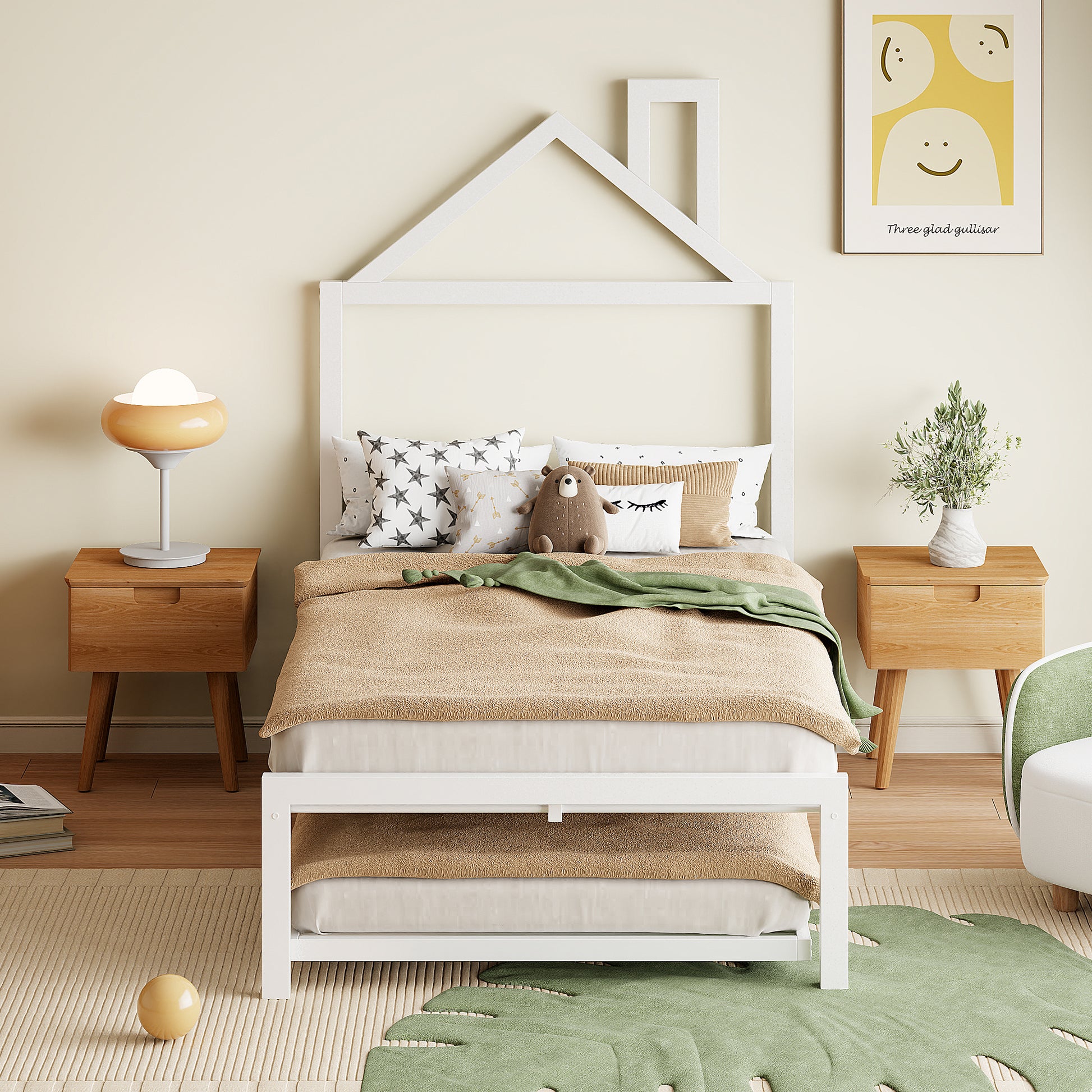Twin Size Metal Platform Bed With Twin Size Trundle,House Shaped Headboard Design, White Twin White Metal