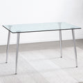 Table And Chair Set.Rectangular Dining Table With Tempered Glass Tabletop And Silver Plating Metal Legs.Paired With 6 Checkered Armless High Back White Chairs With Electroplated Metal Legs. White Seats 6 Glass Metal