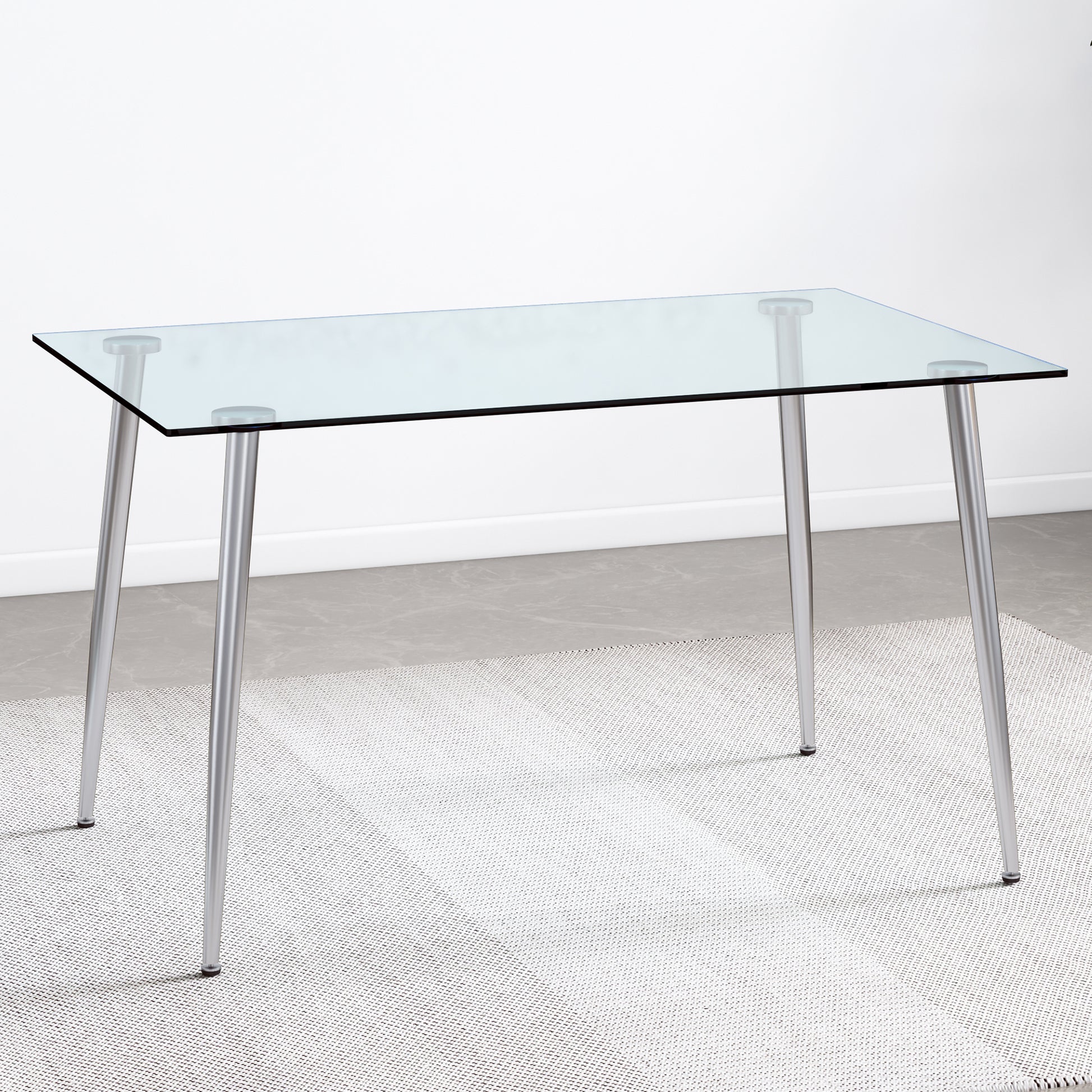 Table And Chair Set.Rectangular Dining Table With Tempered Glass Tabletop And Silver Plating Metal Legs.Paired With 6 Checkered Armless High Back White Chairs With Electroplated Metal Legs. White Seats 6 Glass Metal