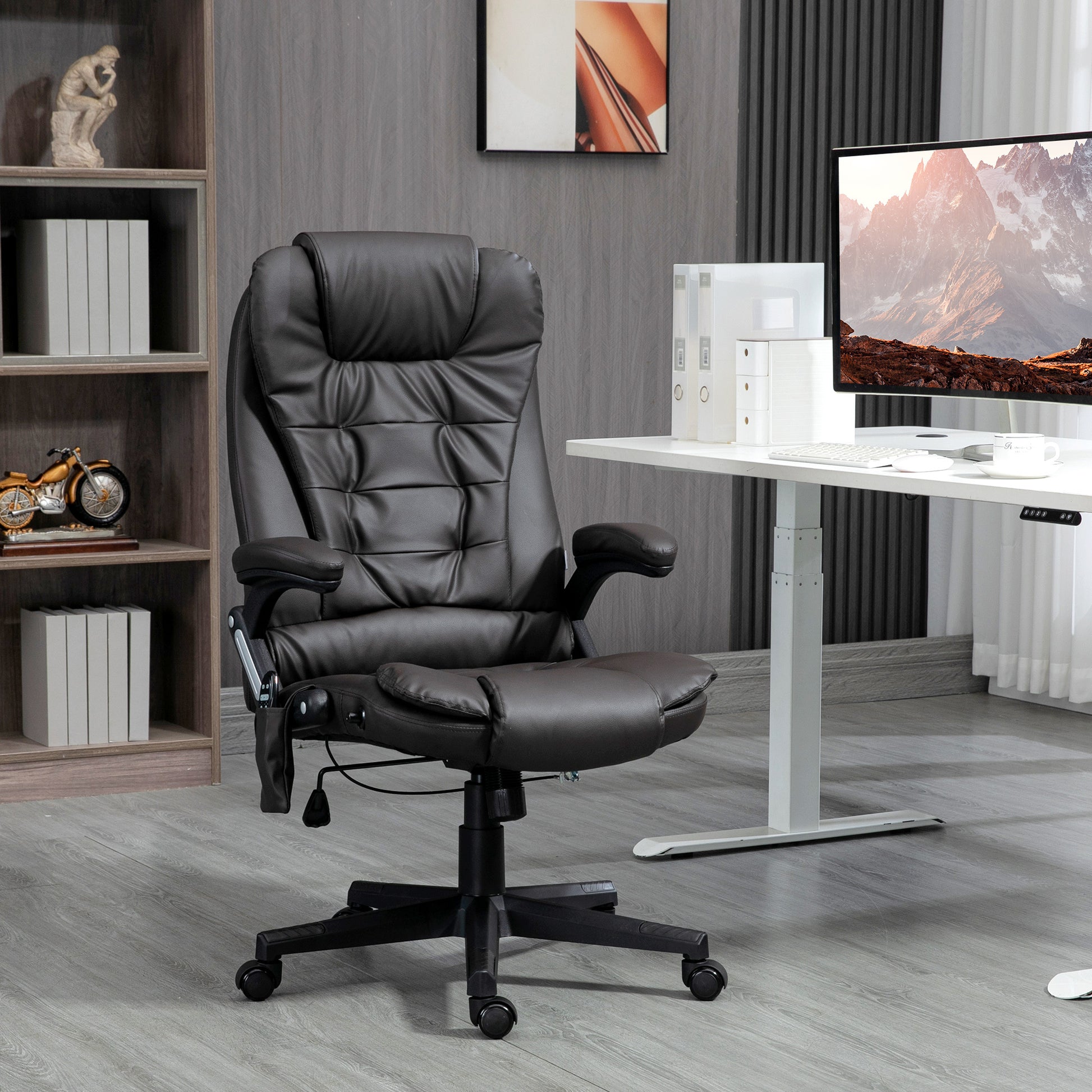 Homcom High Back Vibration Massage Office Chair With 6 Vibration Points, Heated Reclining Pu Leather Computer Chair With Armrest And Remote, Dark Brown Brown Pu