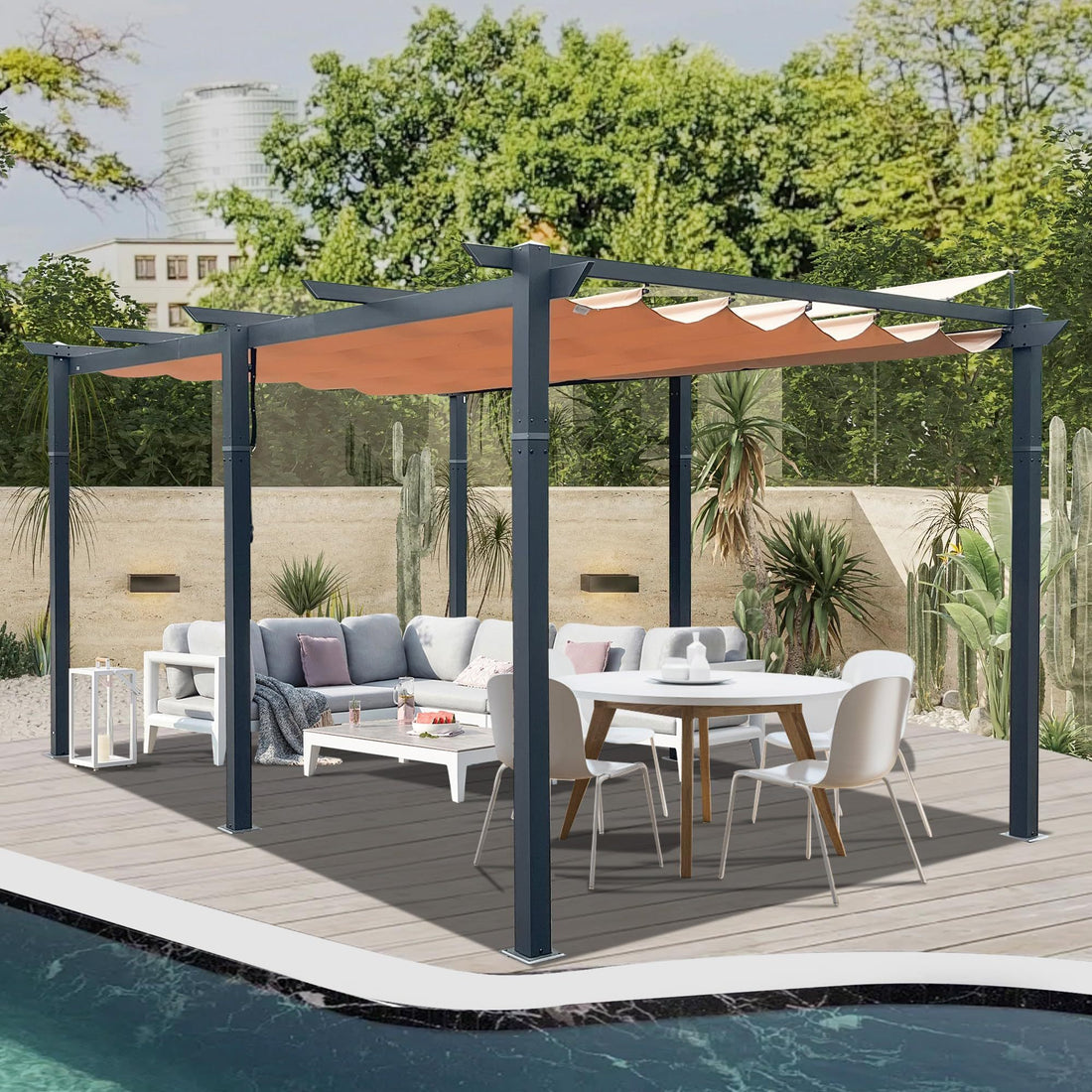 11 X 16 Ft Outdoor Living Outdoor Retractable Pergola With Weather Resistant Canopy Aluminum Garden Pergola Patio Grill Gazebo For Courtyard Khaki Khaki Rectangular Manual Uv Resistant Aluminum