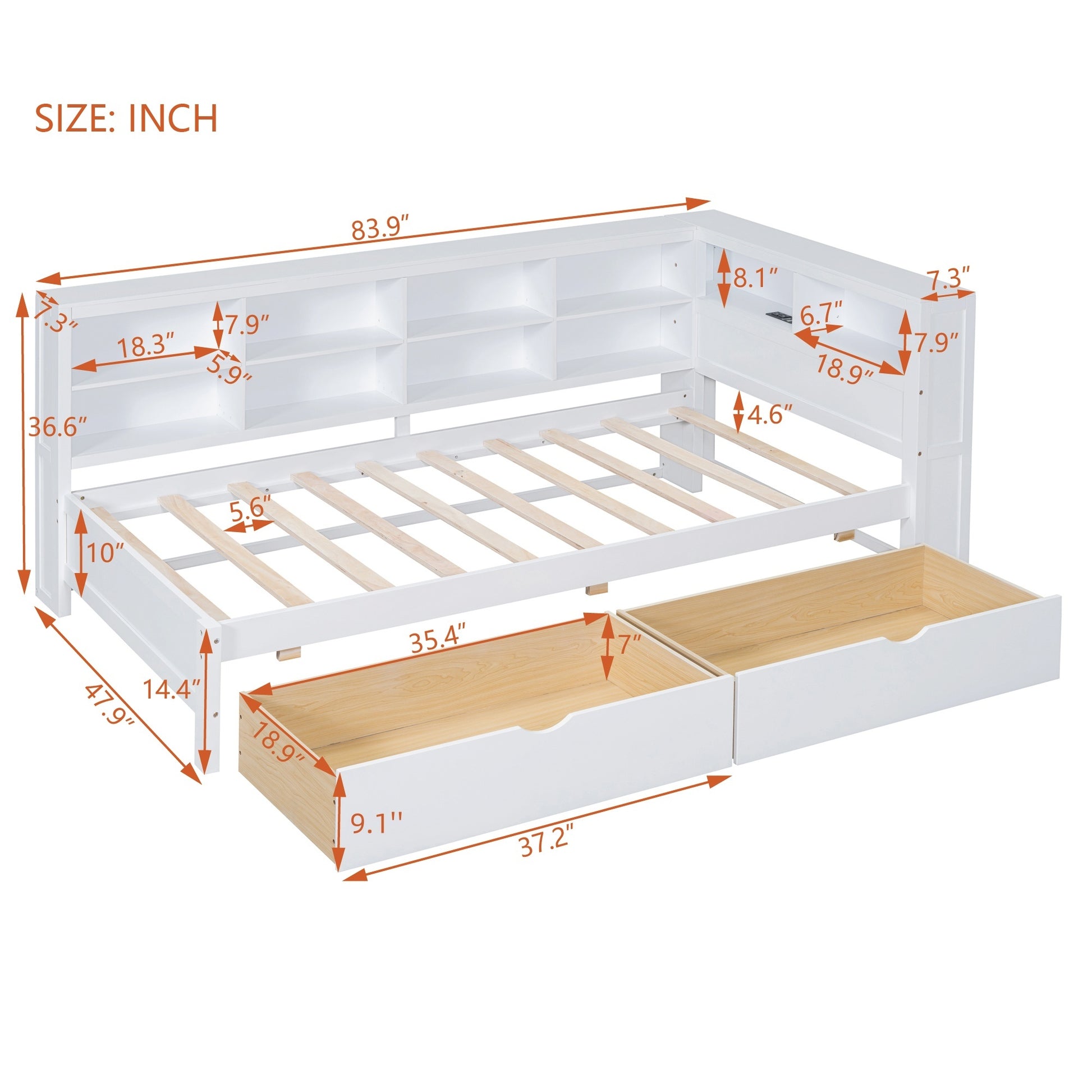 Wooden Twin Size Daybed With 2 Drawers, Daybed With Storage Shelf And Usb Charging Ports,White Twin White Wood