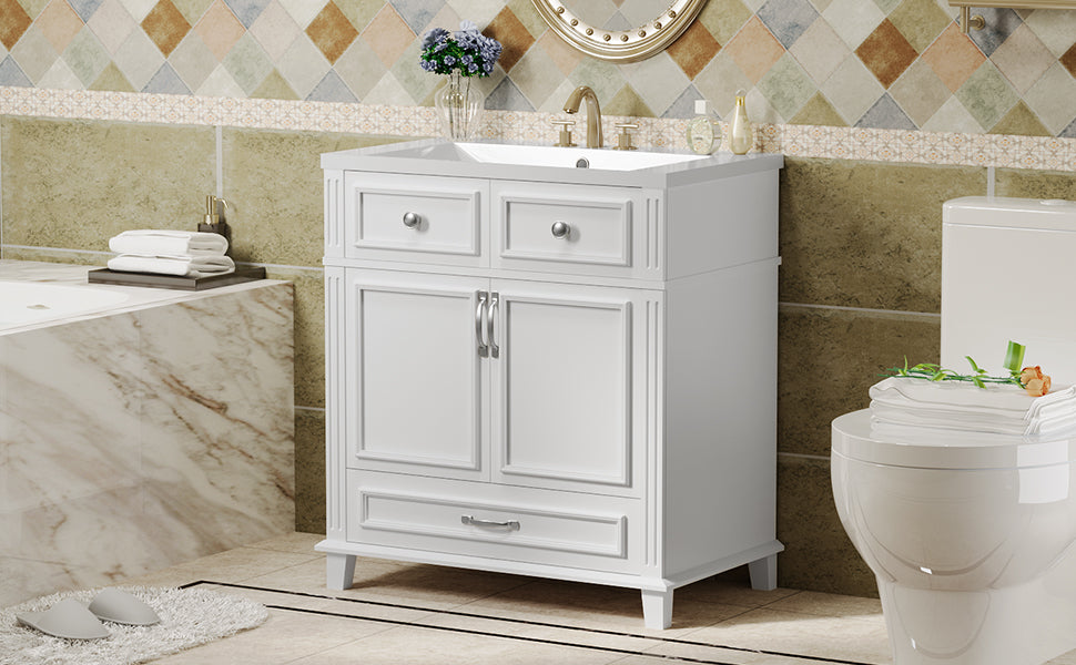 30'' Bathroom Vanity With Resin Sink, Solid Wood Frame Bathroom Storage Cabinet With Soft Closing Doors, Retro Style, White Same As Sw000118Aak White Bathroom Modern Solid Wood Mdf Resin