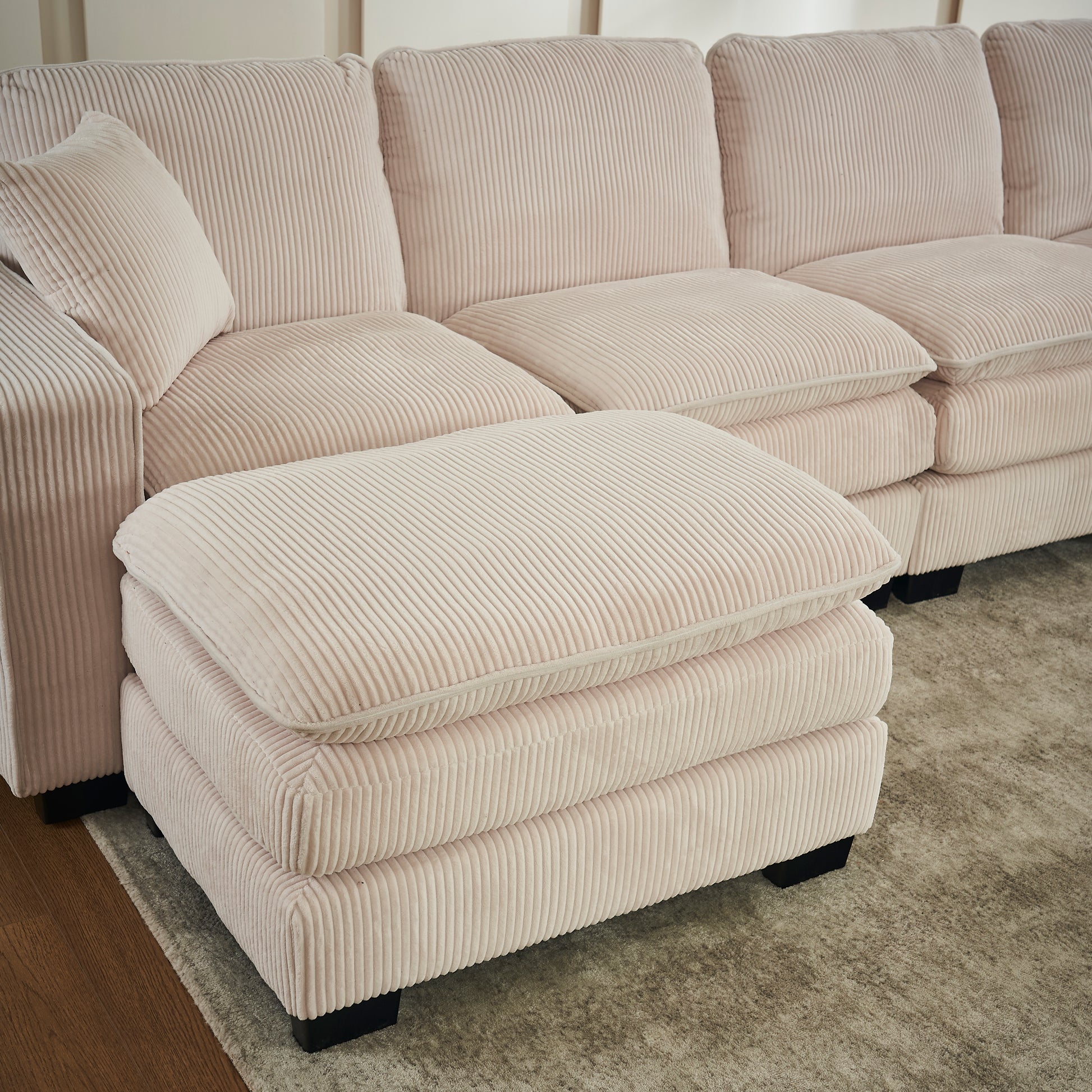Modern U Shaped 6 Seat Sectional Sofa Couch With One Ottoman And Three Toss Pillows ,Modular Sofa For Living Room,Corduroy Sofa White Corduroy 7 Seat