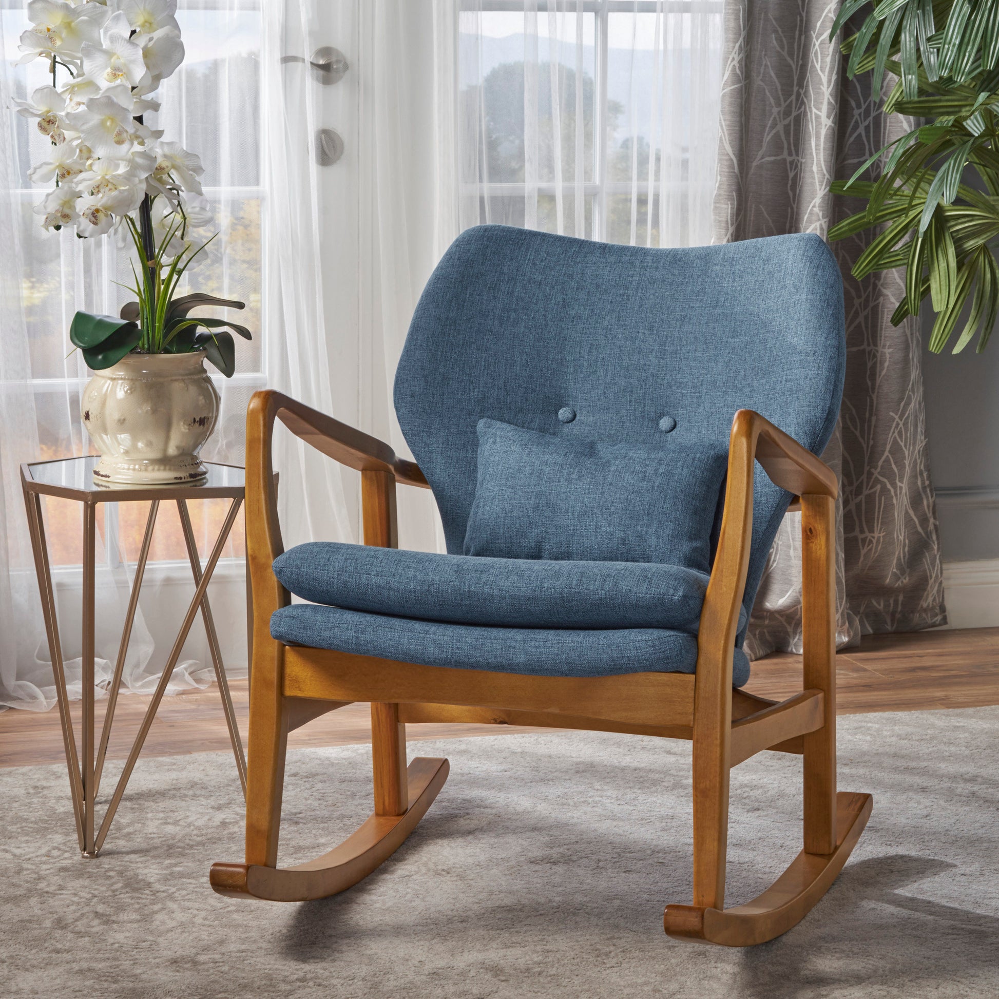 Elegant Solid Wood Rocking Chair With Blue Linen Cushion Blue Fabric