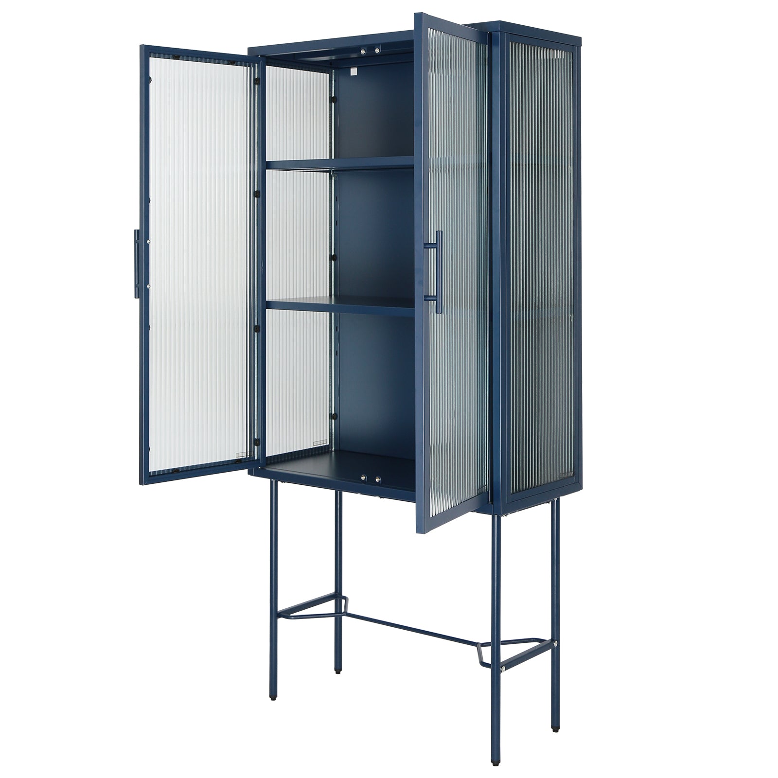 Elegant Floor Cabinet With 2 Glass Doors Living Room Display Cabinet With Adjustable Shelves Anti Tip Dust Free Easy Assembly Blue Color Old Sku:W68766570 Blue Steel