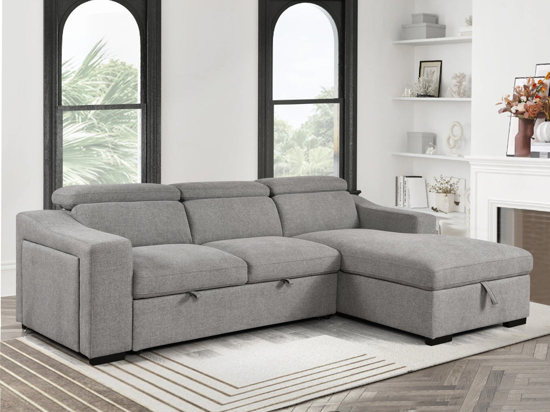 103'' Inch Convertible Sectional Sofa With Storage Chaise, Adjustable Headrests, L Shaped Sleeper Corner Sectional Sofa With A Pull Out Bed ,A Usb Charging,And A Cup Holder,Light Gray Light Brown