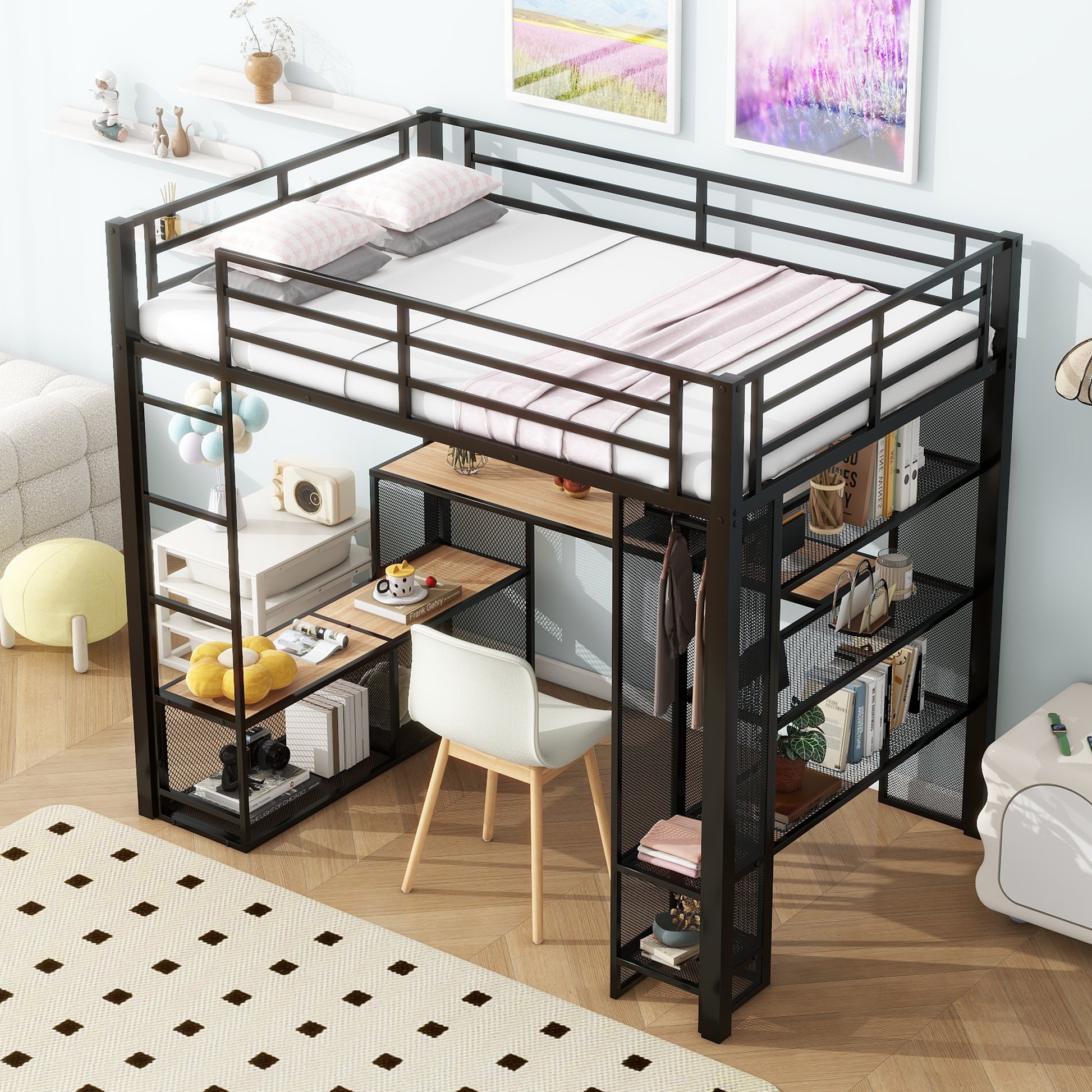 Full Size Metal Loft Bed With Storage Iron Mesh And Mdf Shelves And Open Wardrobe,Black Black Metal