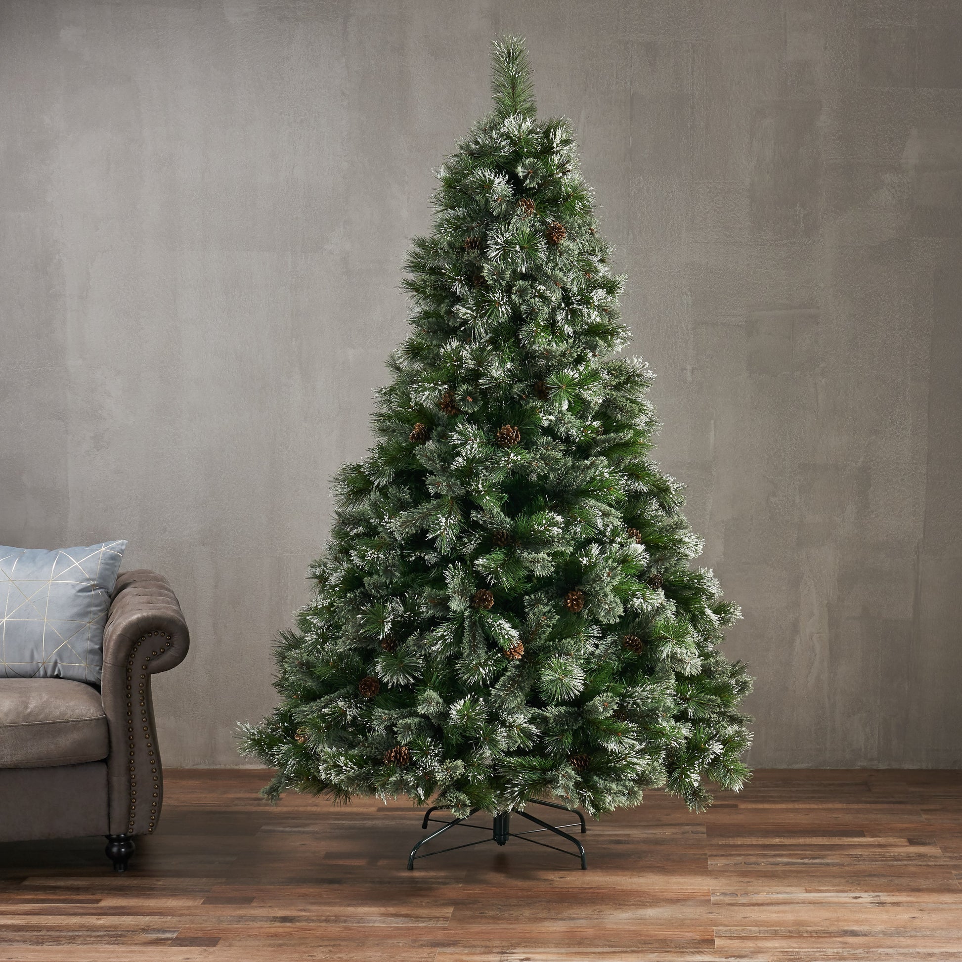 7' Faux Cashmere And Snow Bristle Mixed Tree With 75 Pine Cones And 1233 Tips,Dia.:59 Green Pvc