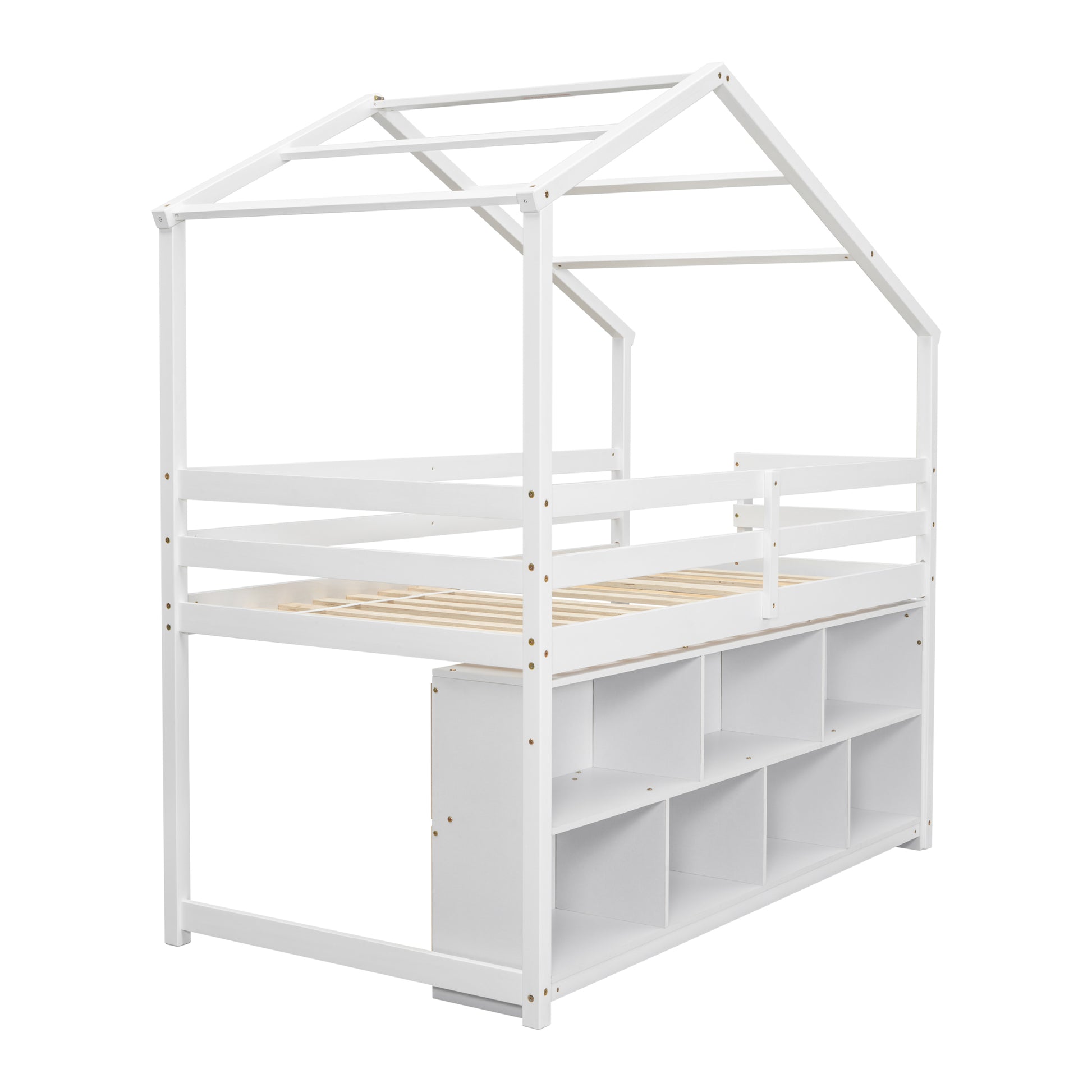 Twin House Loft Bed With Roof Frame, Under Bed Shelving Storage Unit, Guardrails, Ladder,White Twin White Bedroom American Design Pine Pine