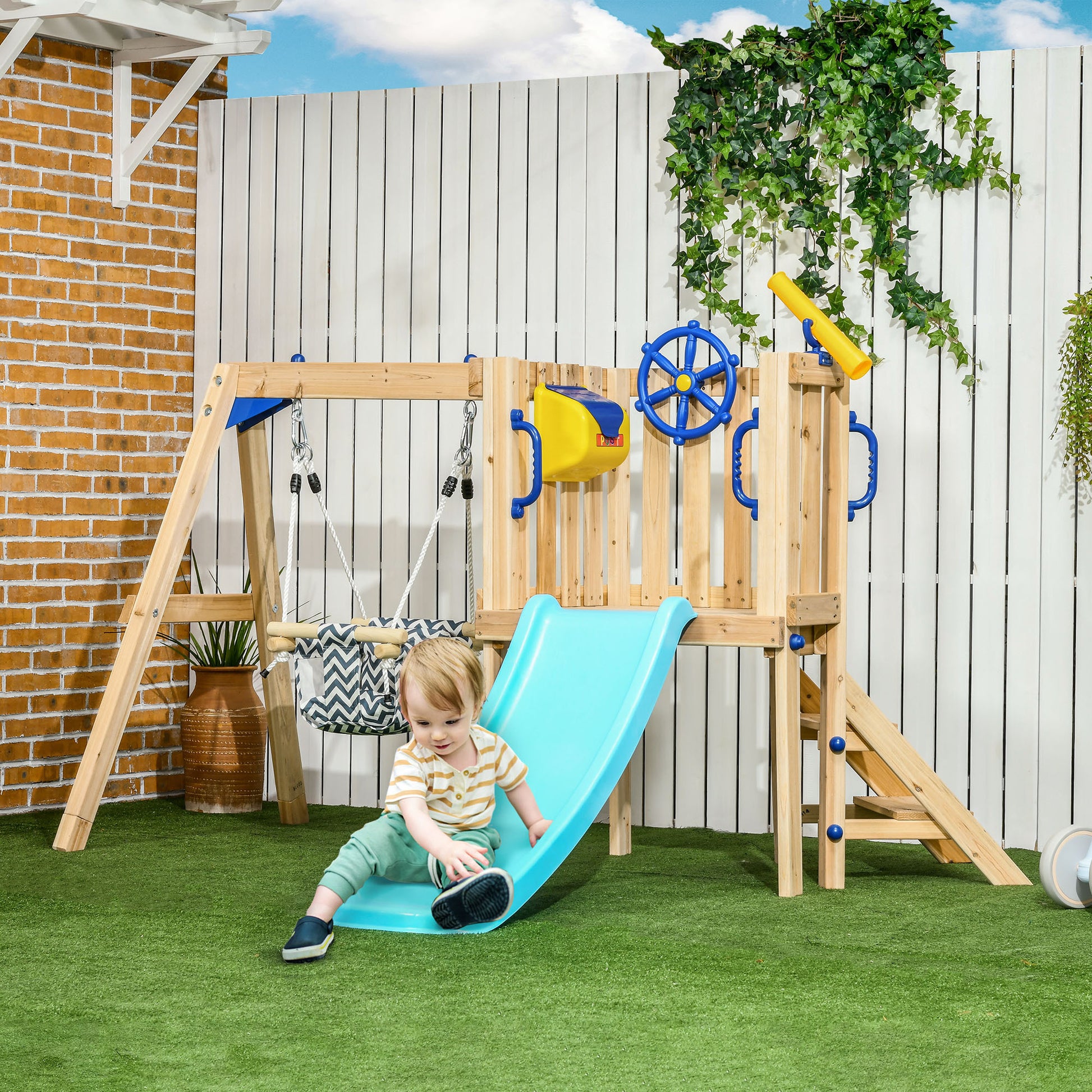 Outsunny 3 In 1 Wooden Swing Set Outdoor Playset With Baby Swing Seat, Toddler Slide, Captain'S Wheel, Telescope, Kids Backyard Playground Equipment, Ages 1.5 4 Natural Wood Hdpe