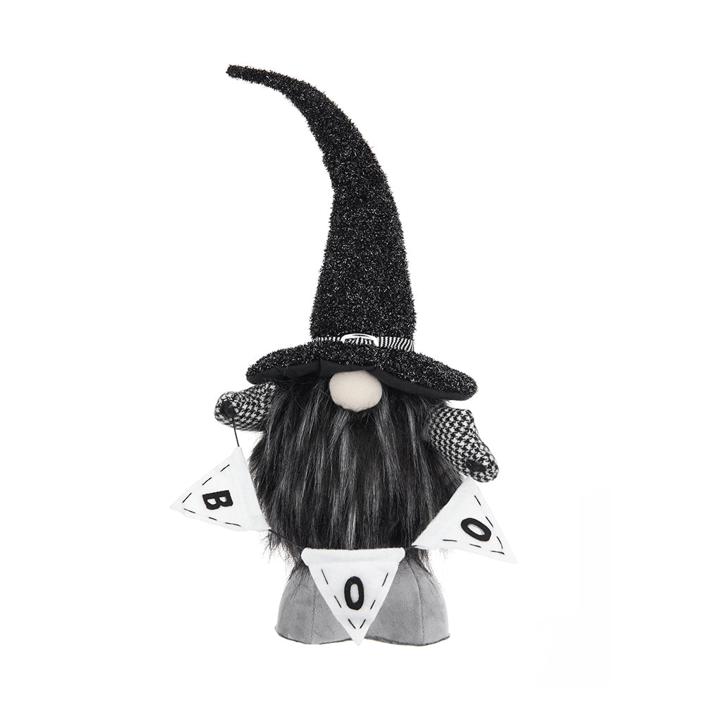 6X4X20" Fabric Black Gnome With 'Boo' Banner, For Halloween Decor Black White Polyester