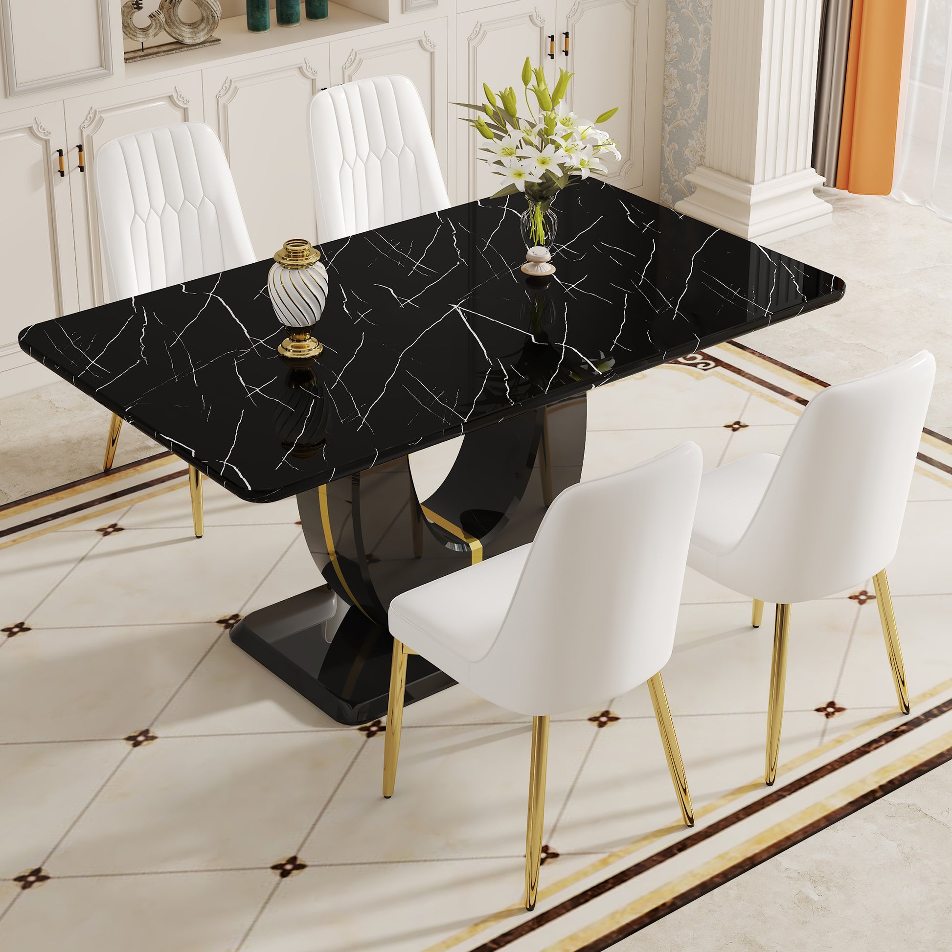 Table And Chair Set.63"W X 37"D X 30"H Black Marble Mdf Diningtable Set With 4 White Pu Chairs With Gold Metal Legs.Bring A Comfortable Home Experience To The Kitchen, Bedroom, And Office. White