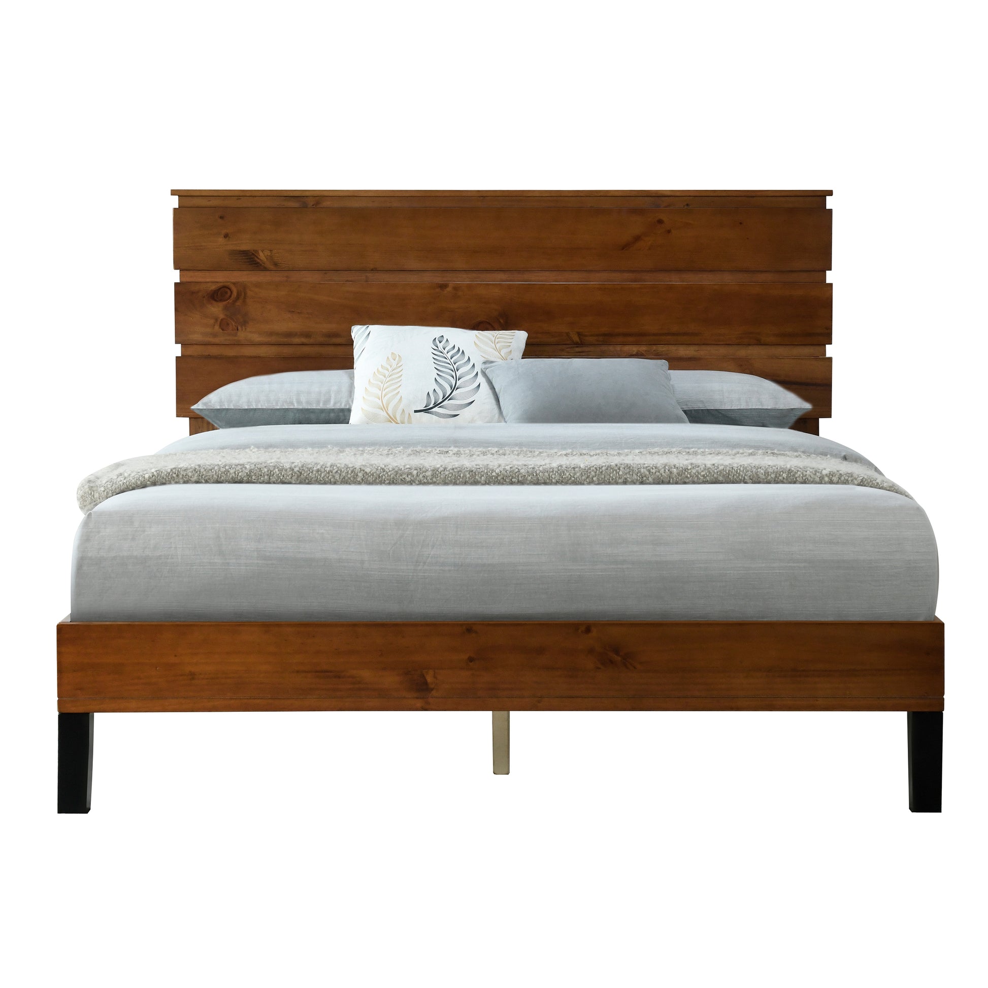 Mid Century Modern Solid Wood Bed Frame Queen Size Platform Bed With Three Piece Headboard Design, No Box Spring Needed, Brown Queen Brown Pine