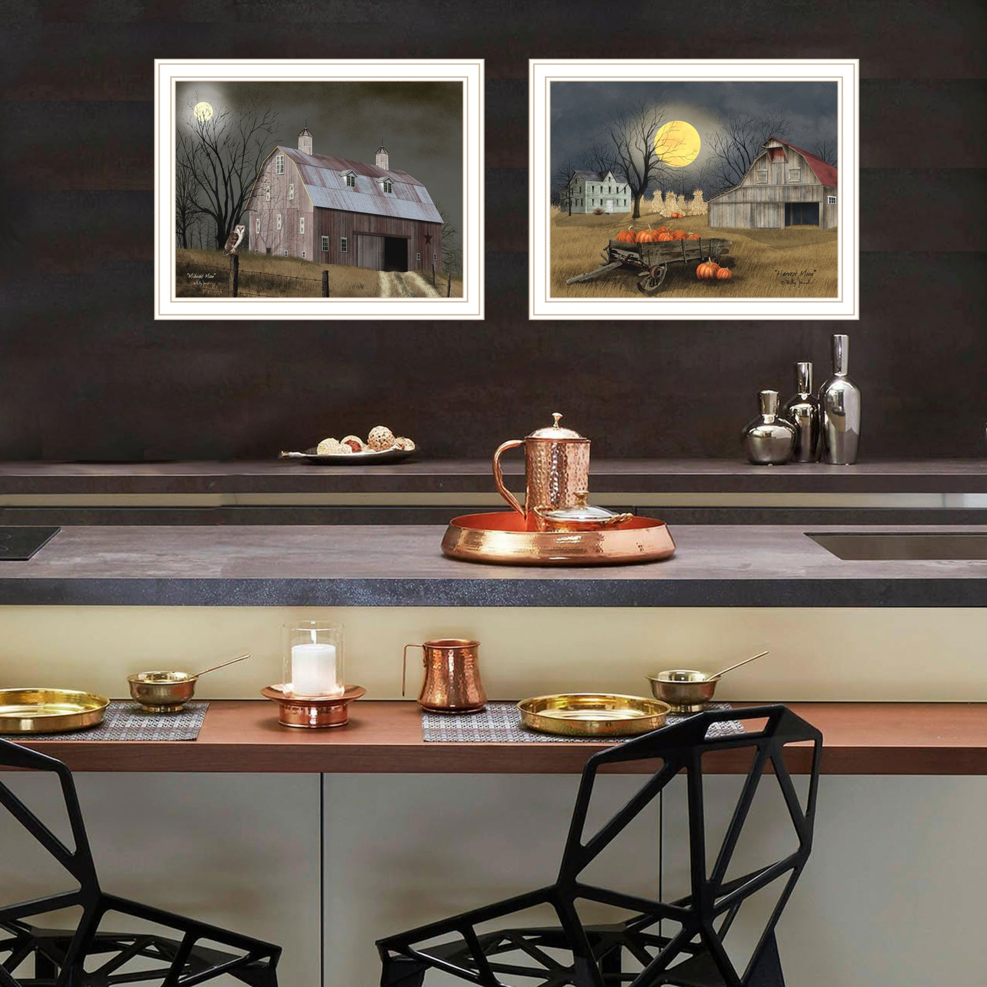 2 Piece Vignette Autumn Moonlit Nights White Framed Wall Art For Living Room, Bedroom Wall Art Print For Home Decor By Billy Jacobs Multicolor Wood Paper