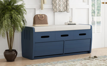 Rustic Storage Bench With 2 Drawers, Hidden Storage Space, And 3 False Drawers At The Top, Shoe Bench For Living Room, Entryway Navy Navy Mdf Acacia