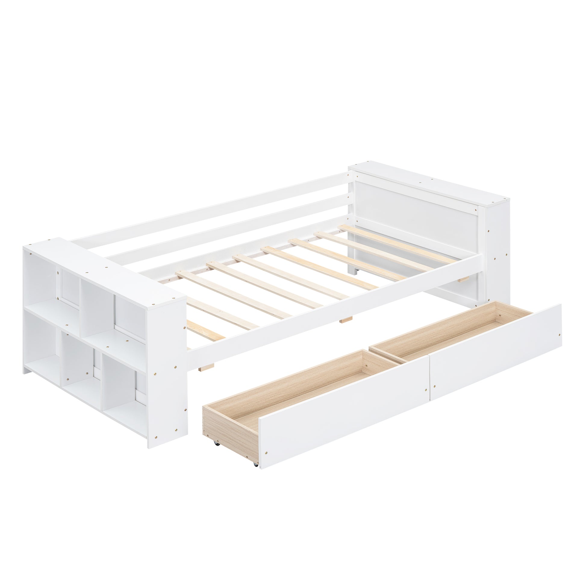 Twin Size Daybed With Shelves And Drawers, White Twin White Pine