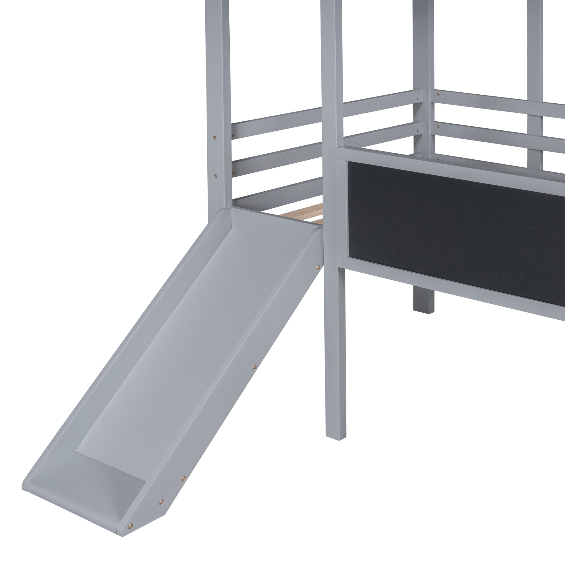 Twin Size Loft Bed With Ladder And Slide, House Bed With Blackboard And Light Strip On The Roof, Gray Twin Gray Solid Wood Mdf