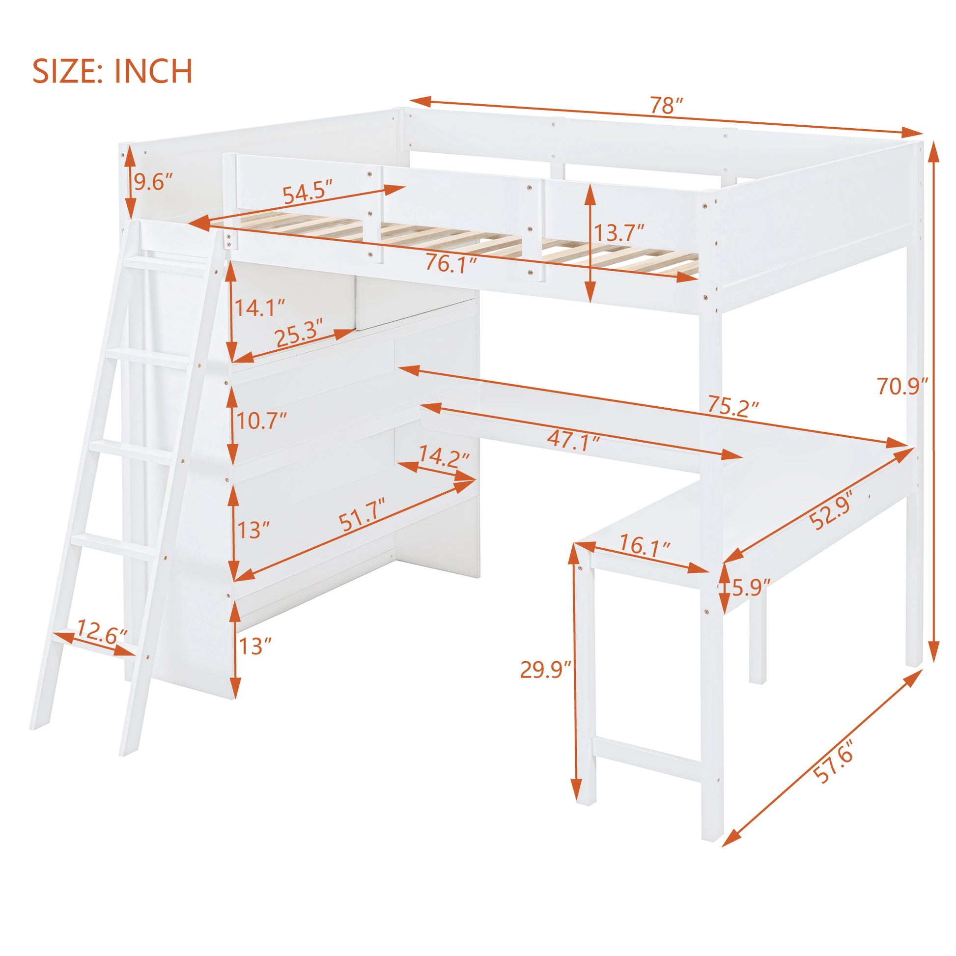 Full Size Loft Bed With Desk And Shelf White Full White Solid Wood