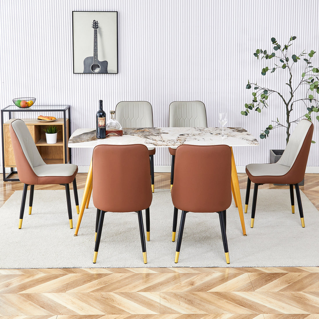 Table And Chair Set.Modern Minimalist Dining Table. White Imitation Marble Pattern Sintered Stone Desktop With Golden Metal Legs.Paried With 6 Comfortable Chairs With Pu Seats And Black Metal Legs.