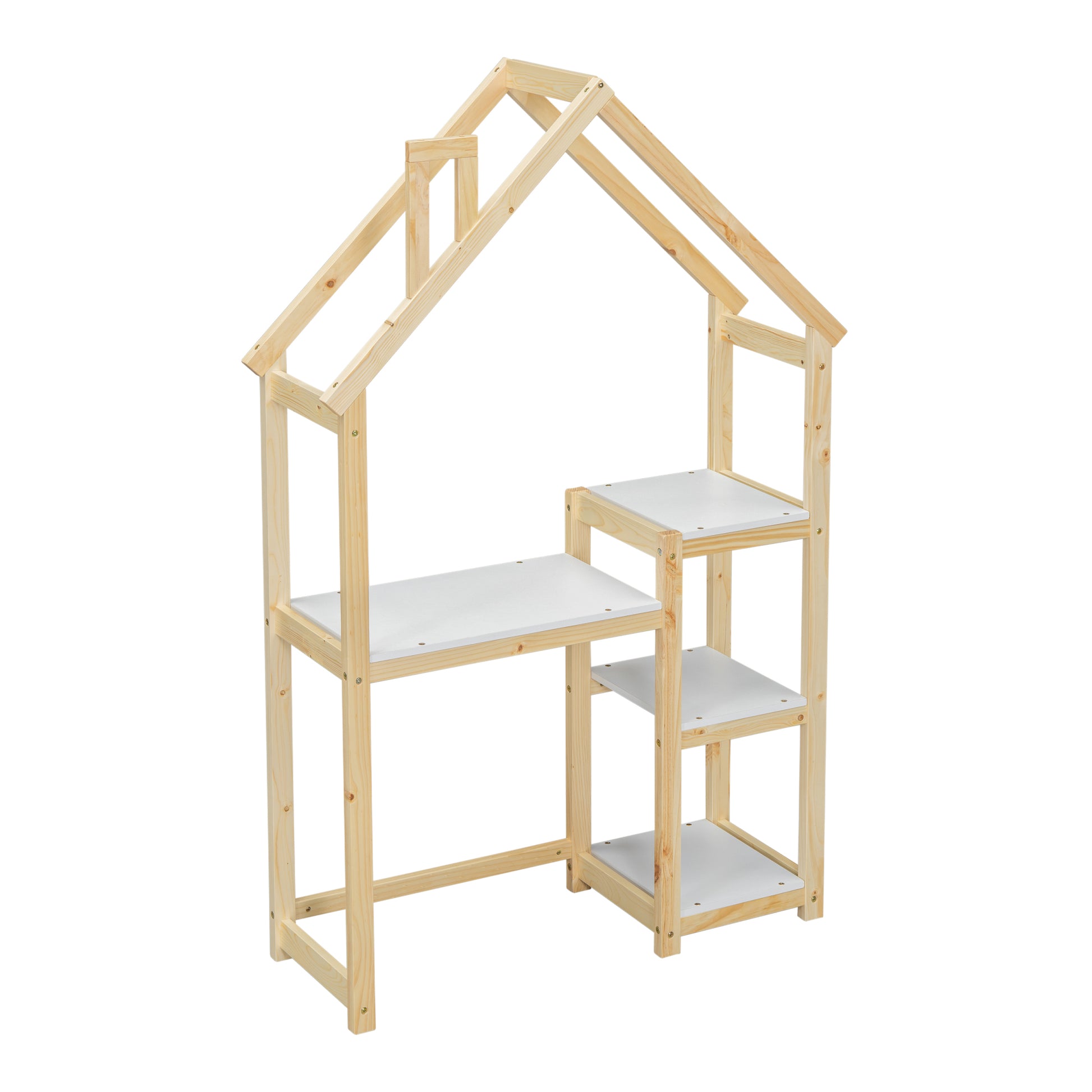 House Shaped Wooden Writing Desk,Kids Study Table,Bookshelf & Toy Storage,Natural Twin Natural American Design Pine