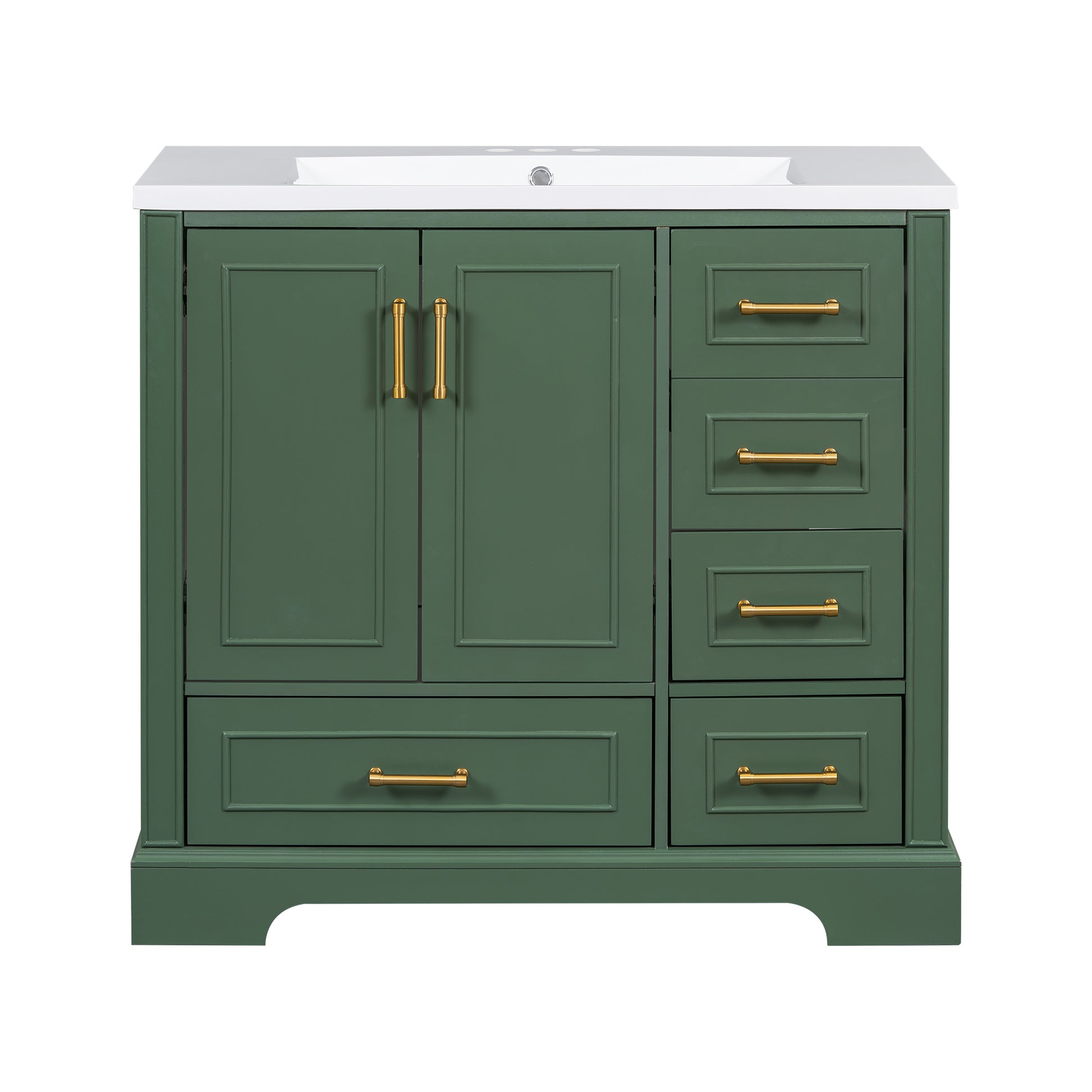 36 Inch Traditional Bathroom Vanity With Resin Sink Combo Set, Green Bathroom Cabinet With Two Doors And Four Drawers Green Bathroom Solid Wood Mdf Resin