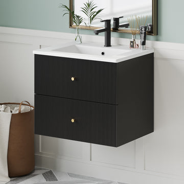 24 Inch Wall Mounted Bathroom Vanity With 2 Drawers Ideal For Small Bathrooms Black Bathroom Mdf