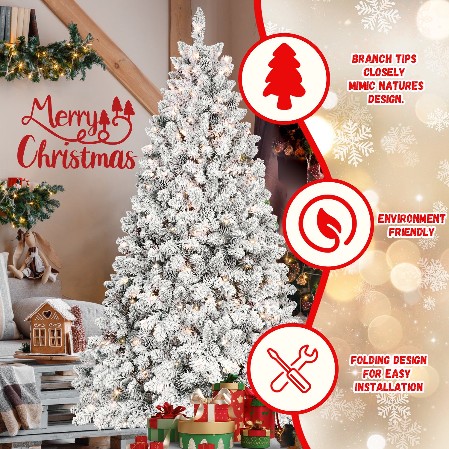 8Ft Snow Flocked Artificial Christmas Tree With Pine Cones, Prelit Xmas Trees, Hinged Easy Assembly & Reinforced Metal Base Ideal For Indoor & Outdoor Festive Decorations White Polyvinyl Chloride