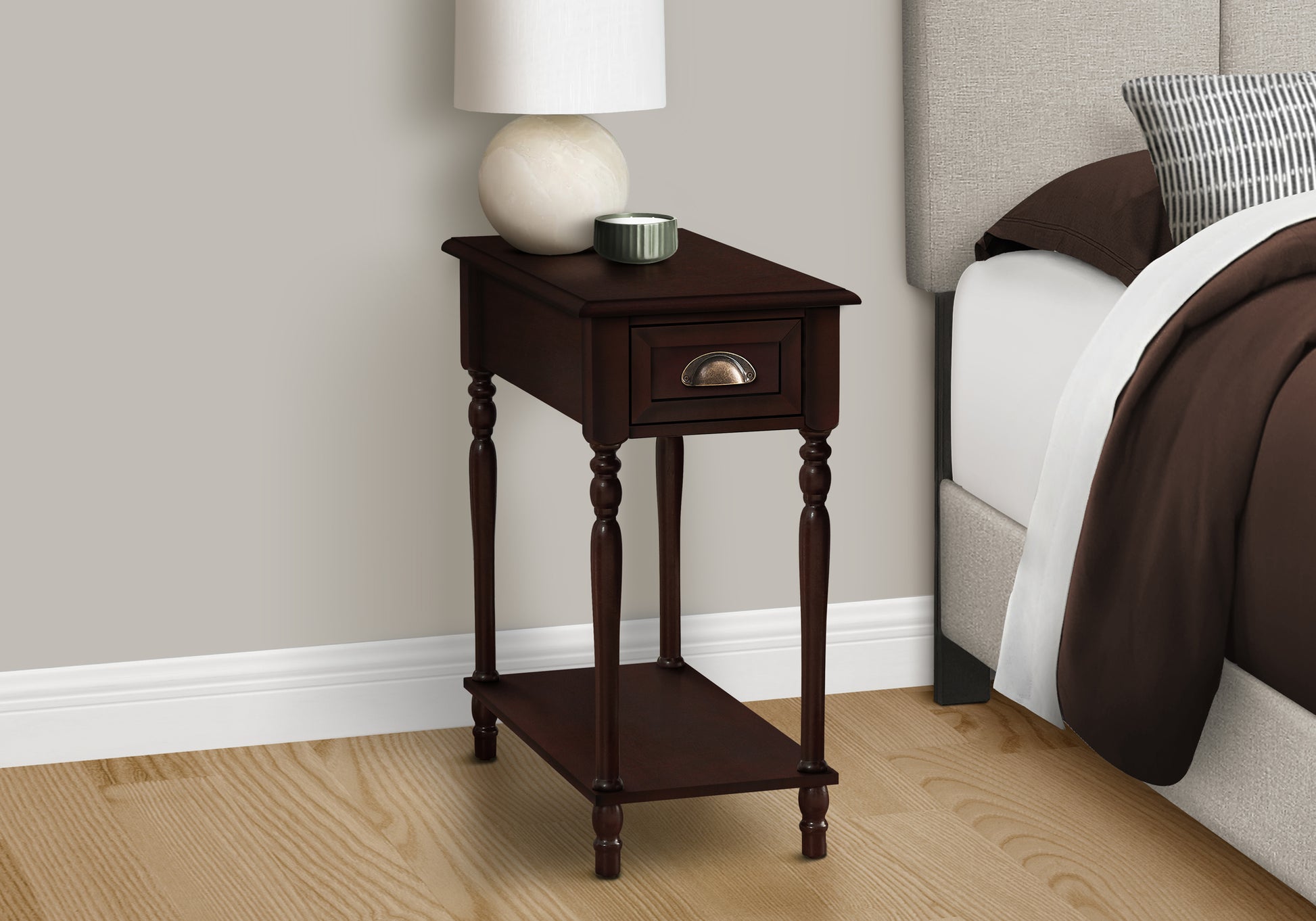 Accent Table, 2 Tier, Side Table, End, Narrow, Nightstand, Bedroom, Lamp, Storage Drawer, Brown Veneer, Traditional Cherry Mdf