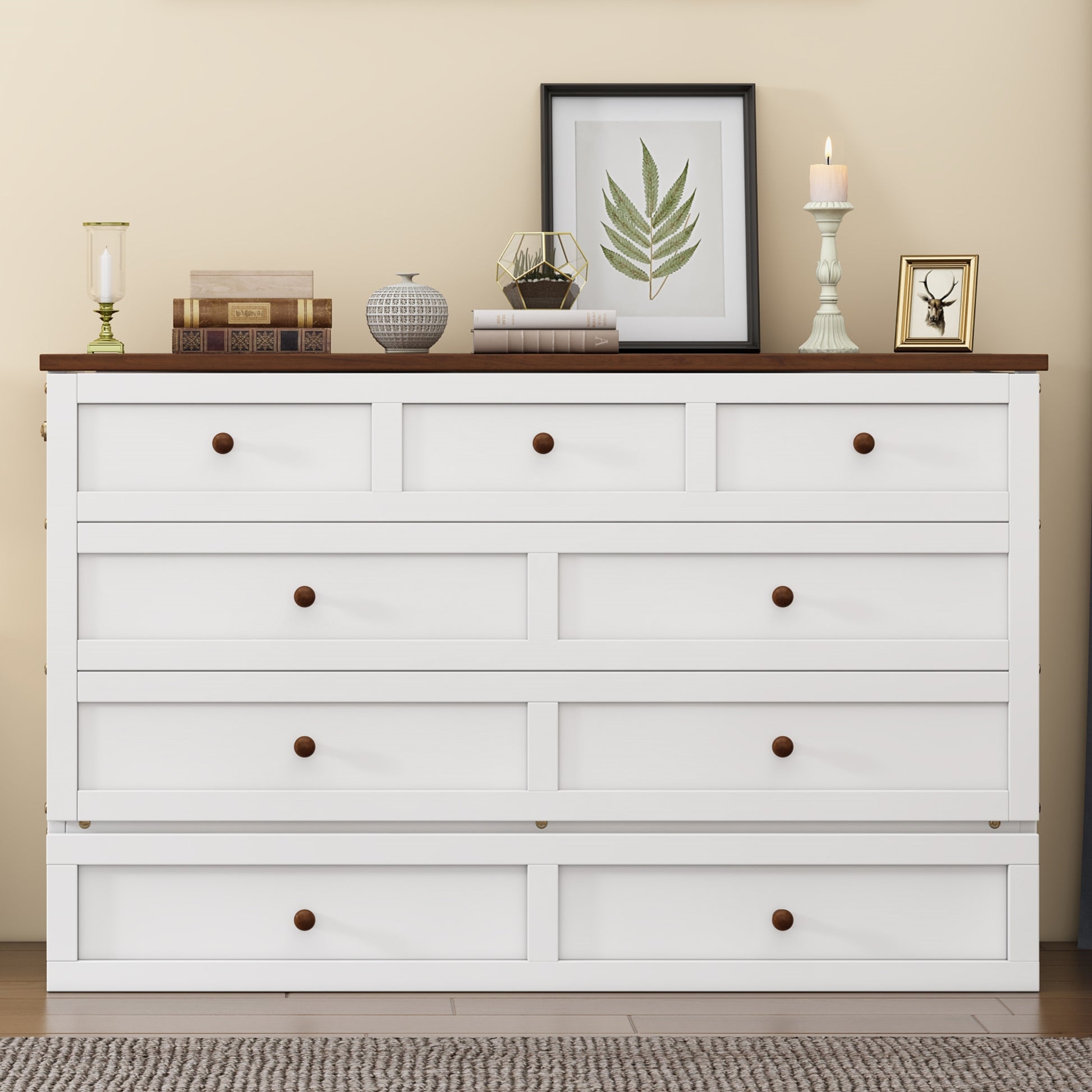 Solid Pine Murphy Bed Chest With Charging Station And Large Storage Drawer For Home Office Or Small Roomfull, White Walnut Full White Walnut Wood