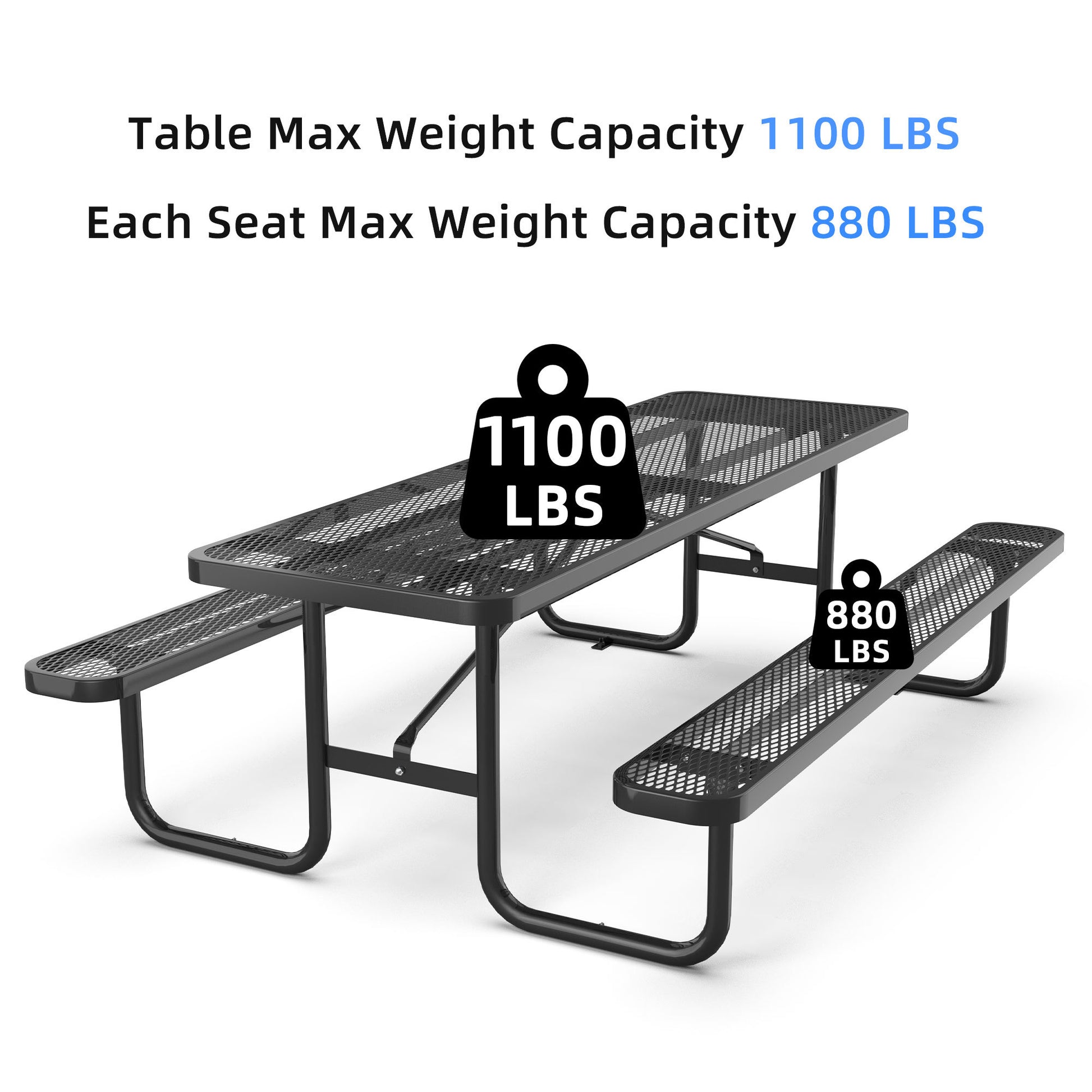 96" Expanded Metal Rectangular Picnic Table, Black Black Steel Steel