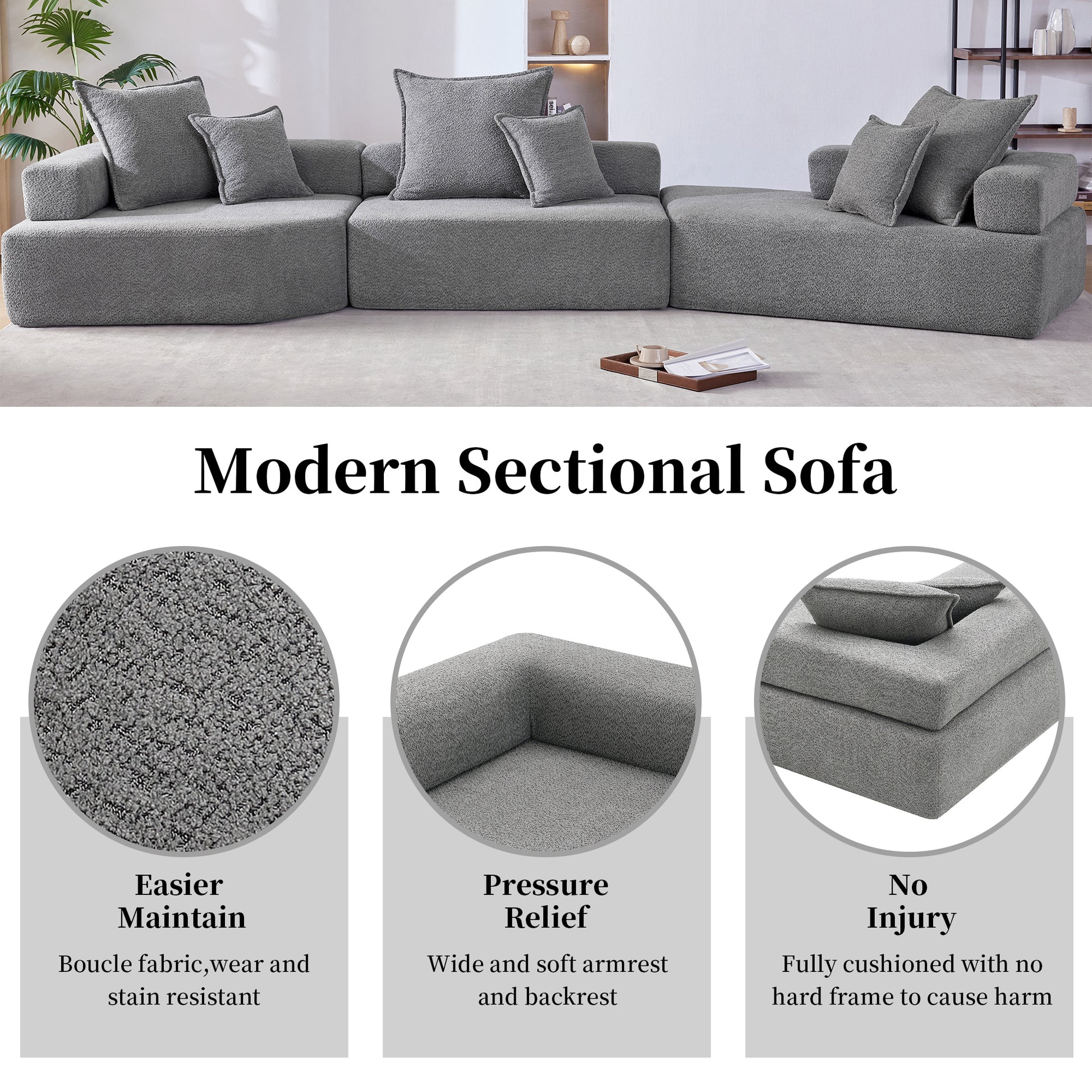 Oversized Modular Sectional Sofa,Luxury Boucle Floor Couch Set,Convertible Sleeper Couch,Spacious Foam Filled Sofa Bed For Living Room,3 Pc Free Combination,2 Colors Gray Boucle 5 Seat